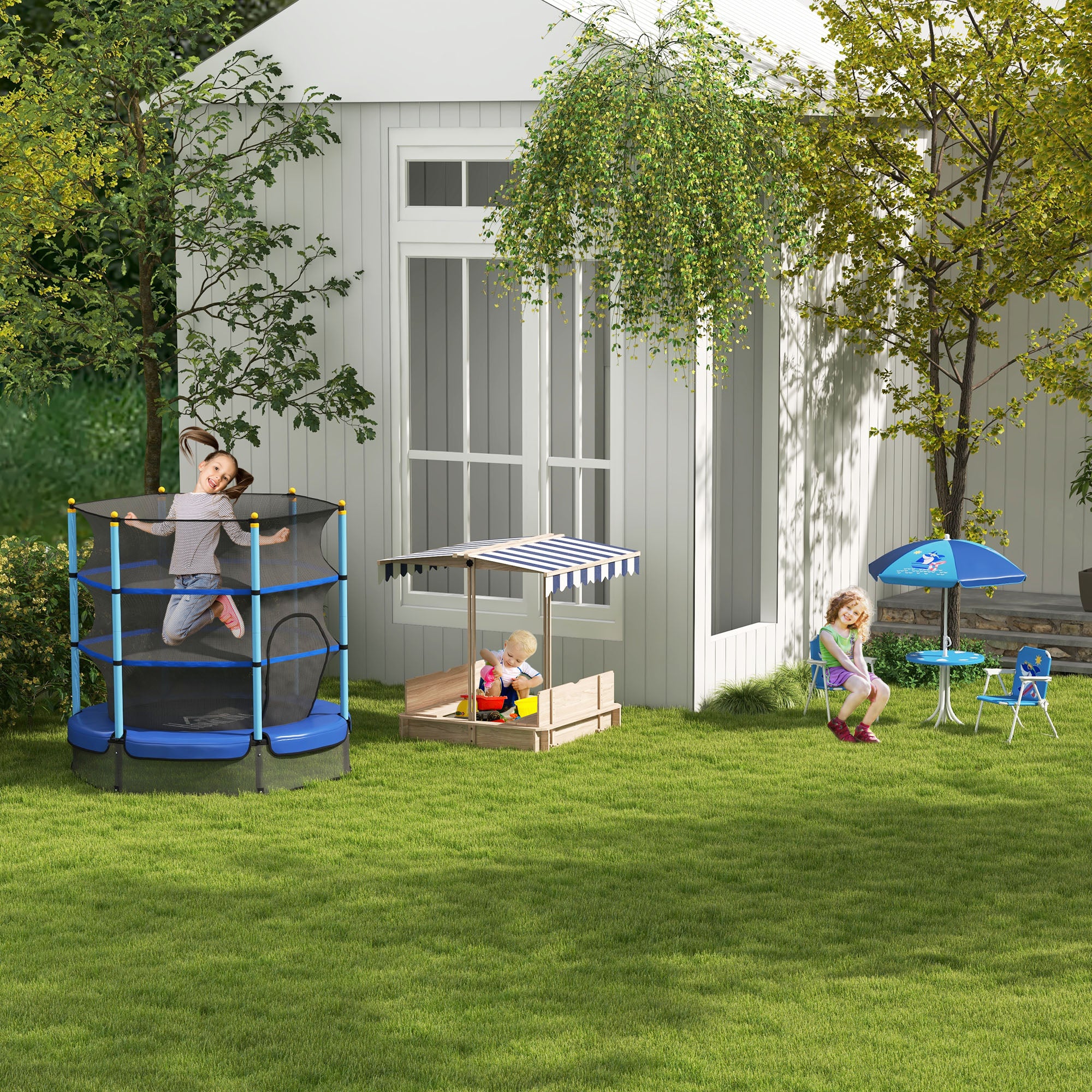 Outsunny Sandkasten Sandkiste aus Holz für Garten Sandkasten mit Dach Felix Kindersandkasten mit Dach abnehmbar Rücklehnen verstellbar Tannenholz 3-7 Jahren 106 x 106 x 115 cm Natur