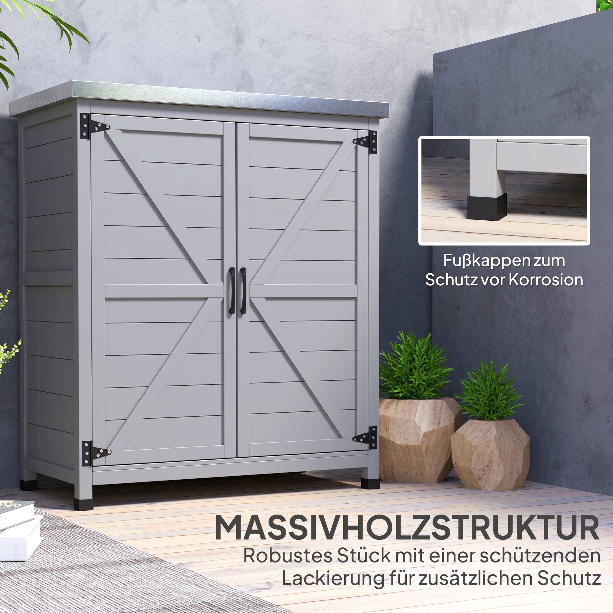 Outsunny Gartenschrank, Außenschrank mit Arbeitsfläche, Werkzeugschrank, Massivholz, Stahl, 79B x 43T x 92H cm, Grau