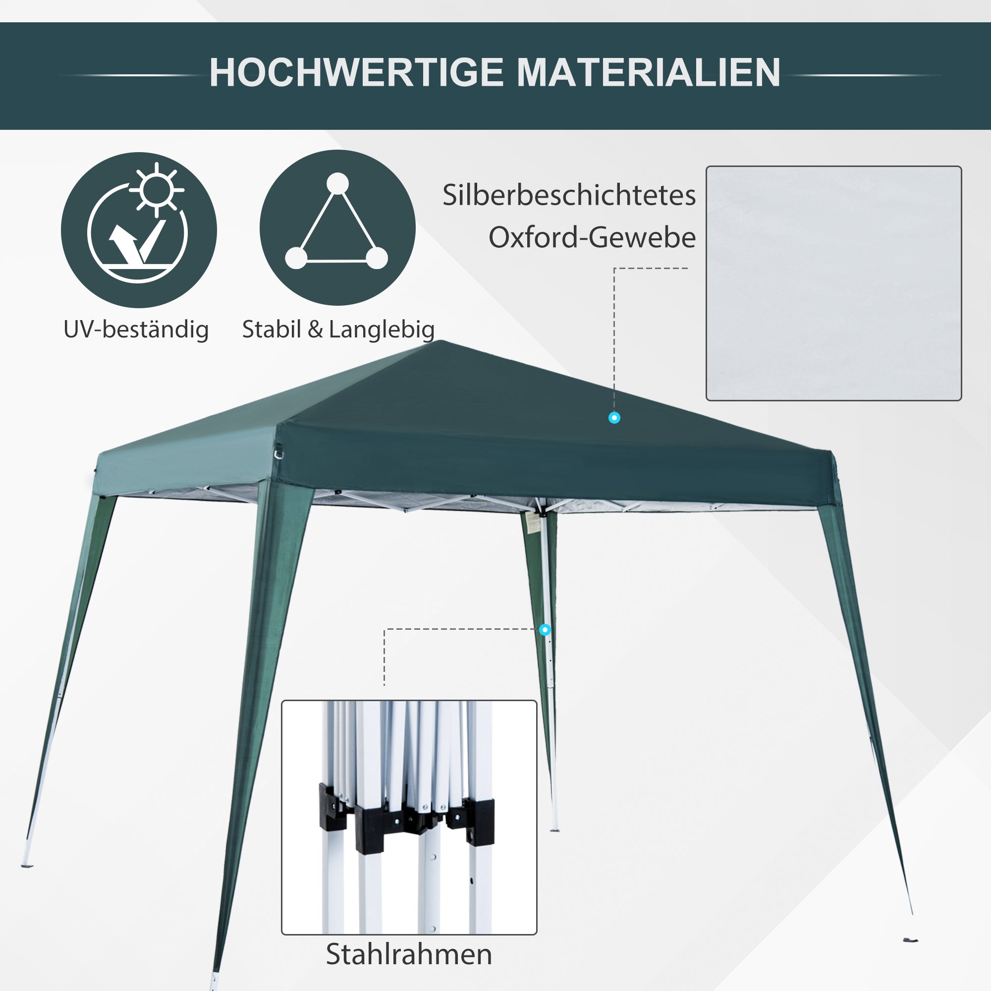Outsunny Faltpavillon 2,4x2,4m Pavillon Faltzelt mit UV-Schutz, Partyzelt inkl. Tragetasche für Garten, Balkon, Stahl Grün