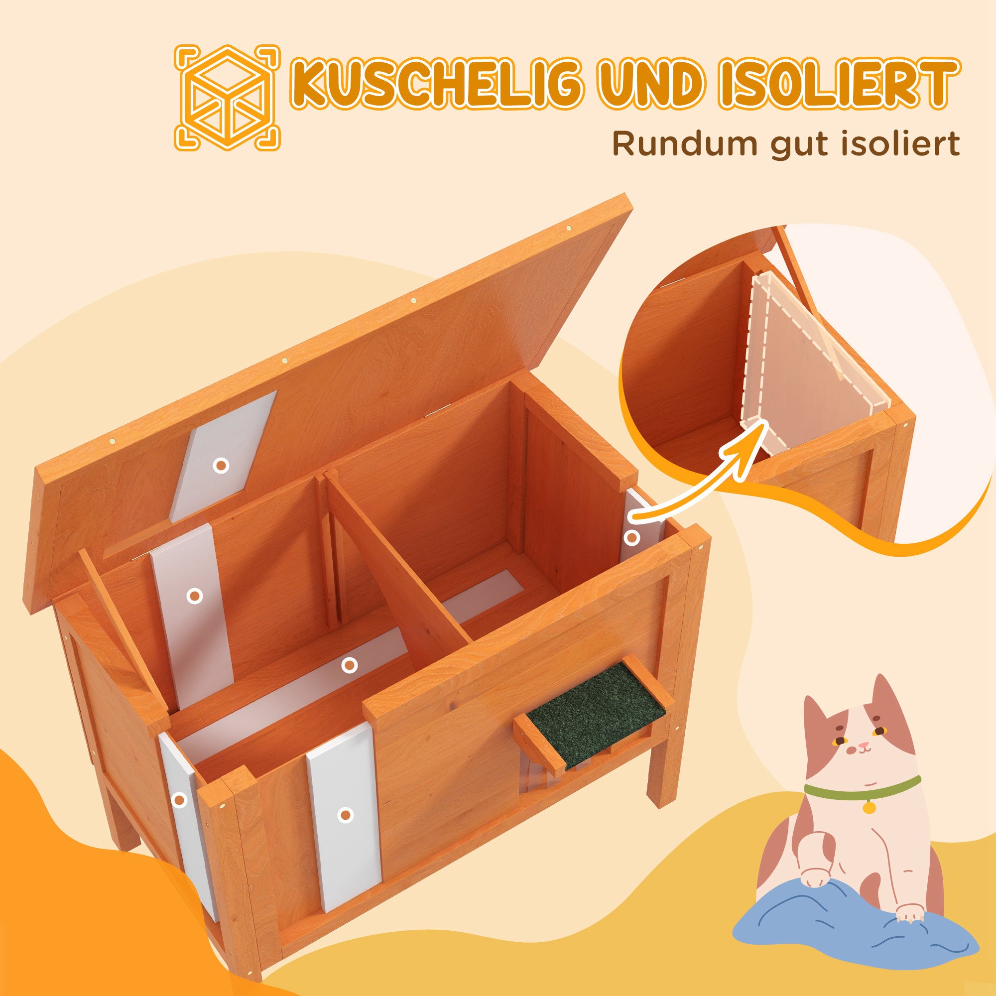 PawHut Katzenhaus Outdoor-Katzenhaus Katzenhütte, wetterbeständig, 1 Fenster, 1 Eingang, 85 x 50 x 68,5 cm, Orange+Grün
