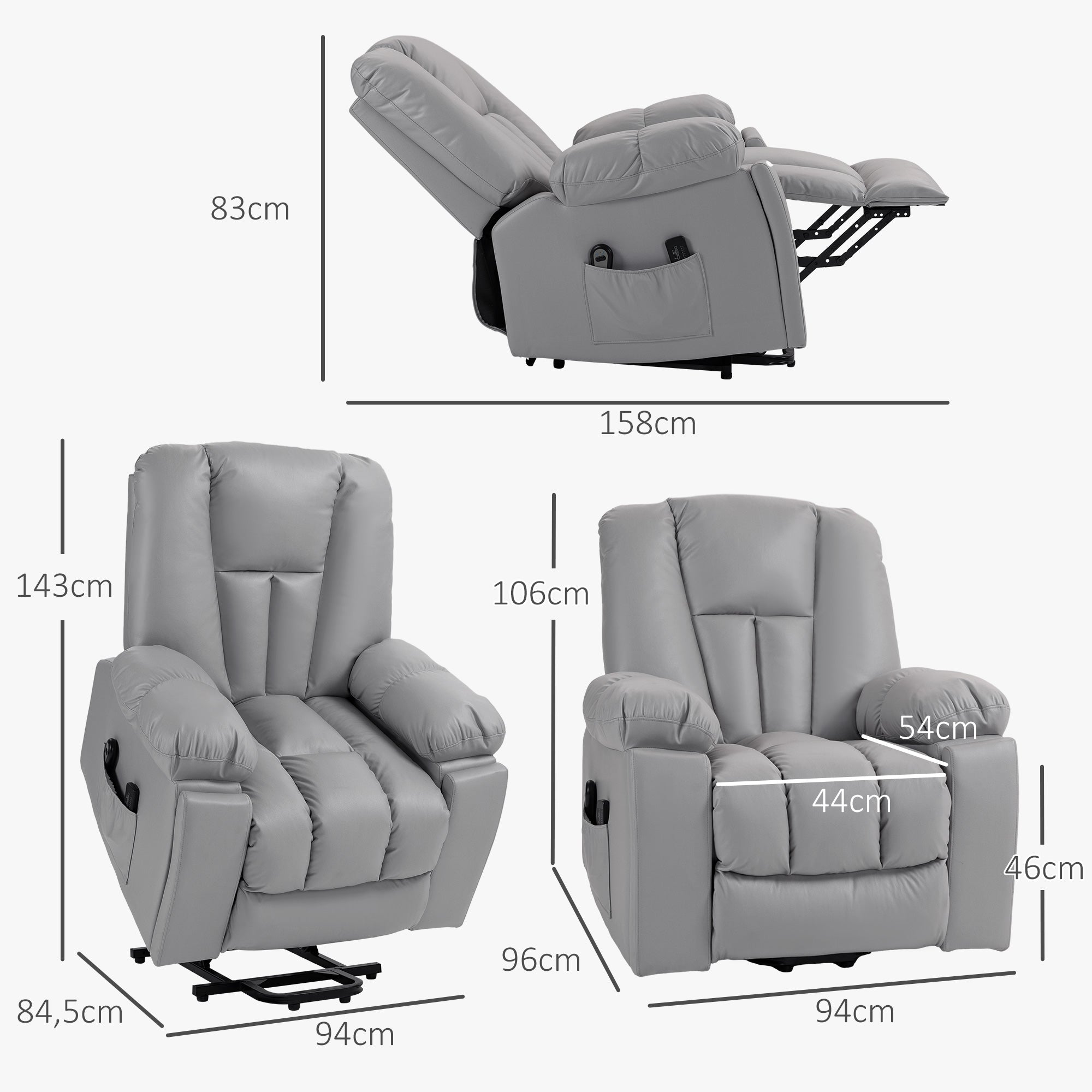 HOMCOM Massagesessel Relaxsessel Seniorensessel, Fernbedienung, Seitentaschen, 94 cm x 96 cm x 106 cm, Dunkelgrau