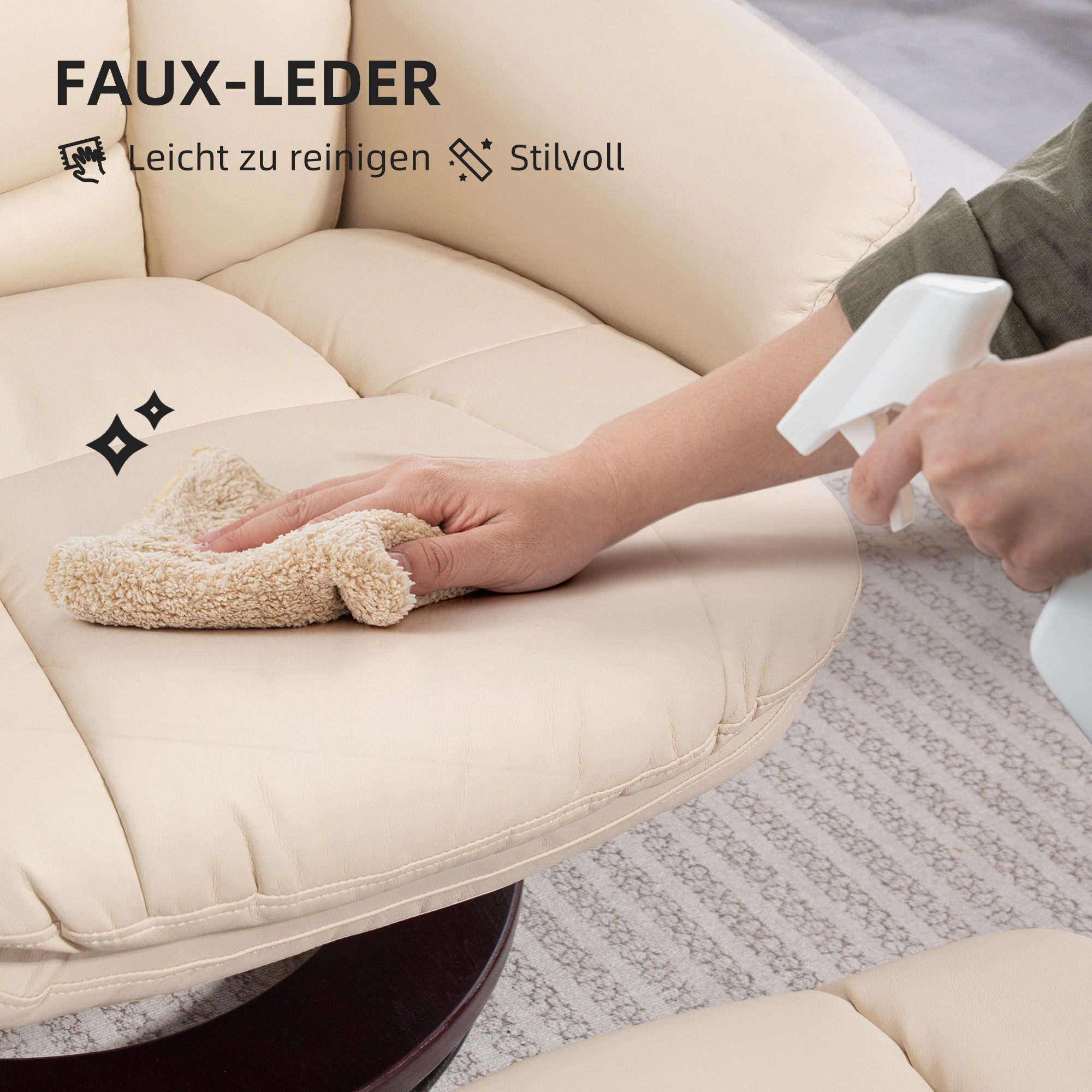 HOMCOM Relaxsessel mit Fußhocker, Verstellbarer Sessel, Kunstleder-Bezug, Polstersessel mit klappbarer Rückenlehne, Cremeweiß