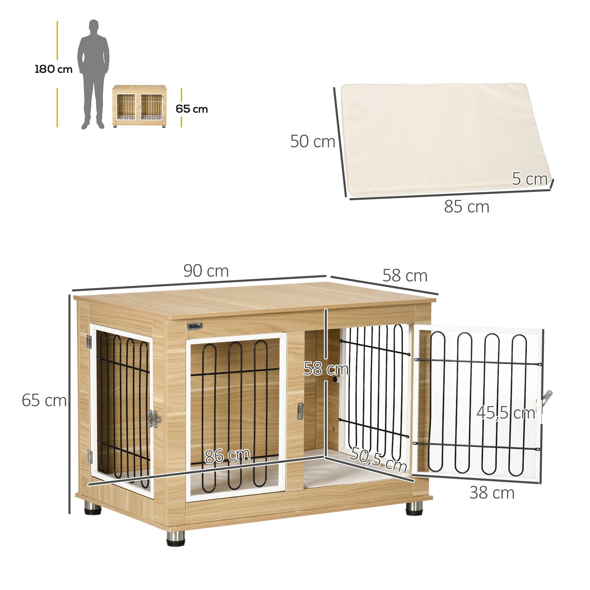 PawHut Hundekäfig, waschbares Kissen, Hundebox, 2 Verriegelungen, 90 cm x 58 cm x 65 cm, Natur + Schwarz + Weiß