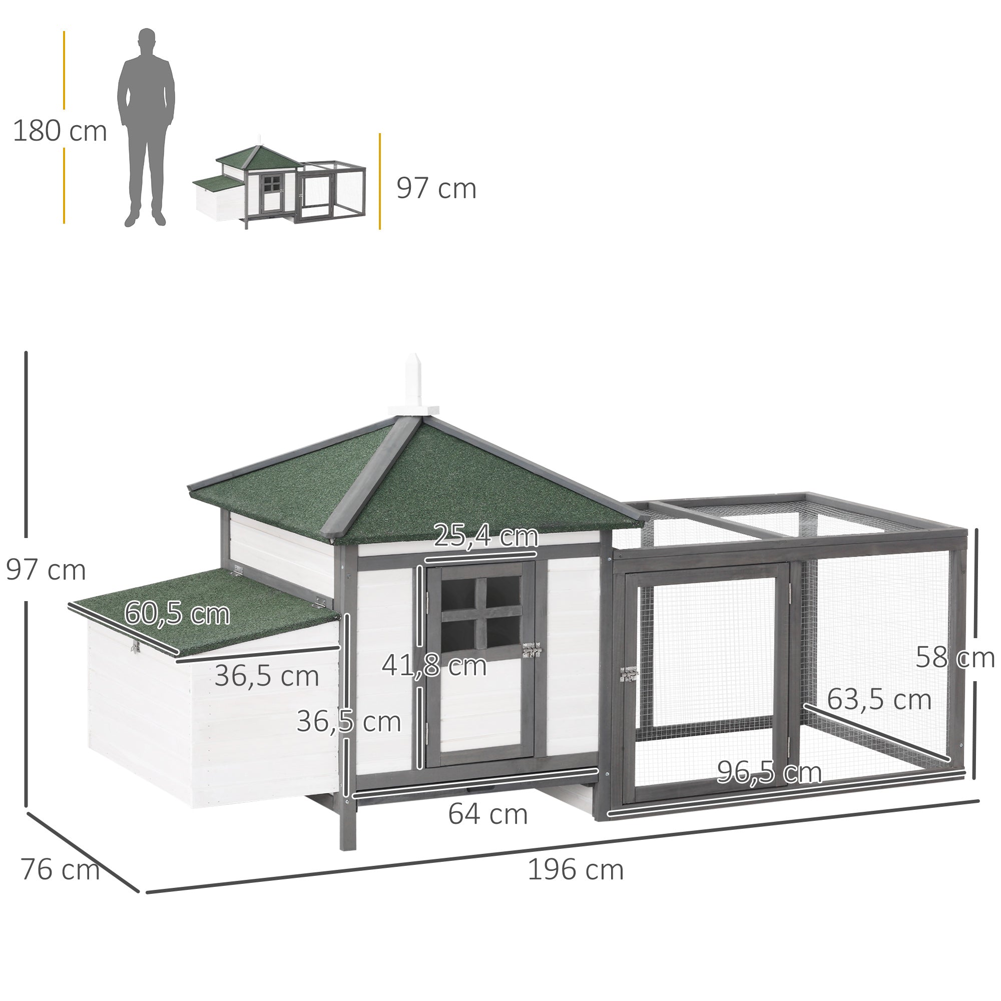 PawHut Hühnerstall für Zwerghühner 196 x 76 x 97 cm Hühnerhaus mit Nistkasten, Freilaufgehege Sitzstange, Kleintierstall aus Holz, Grau