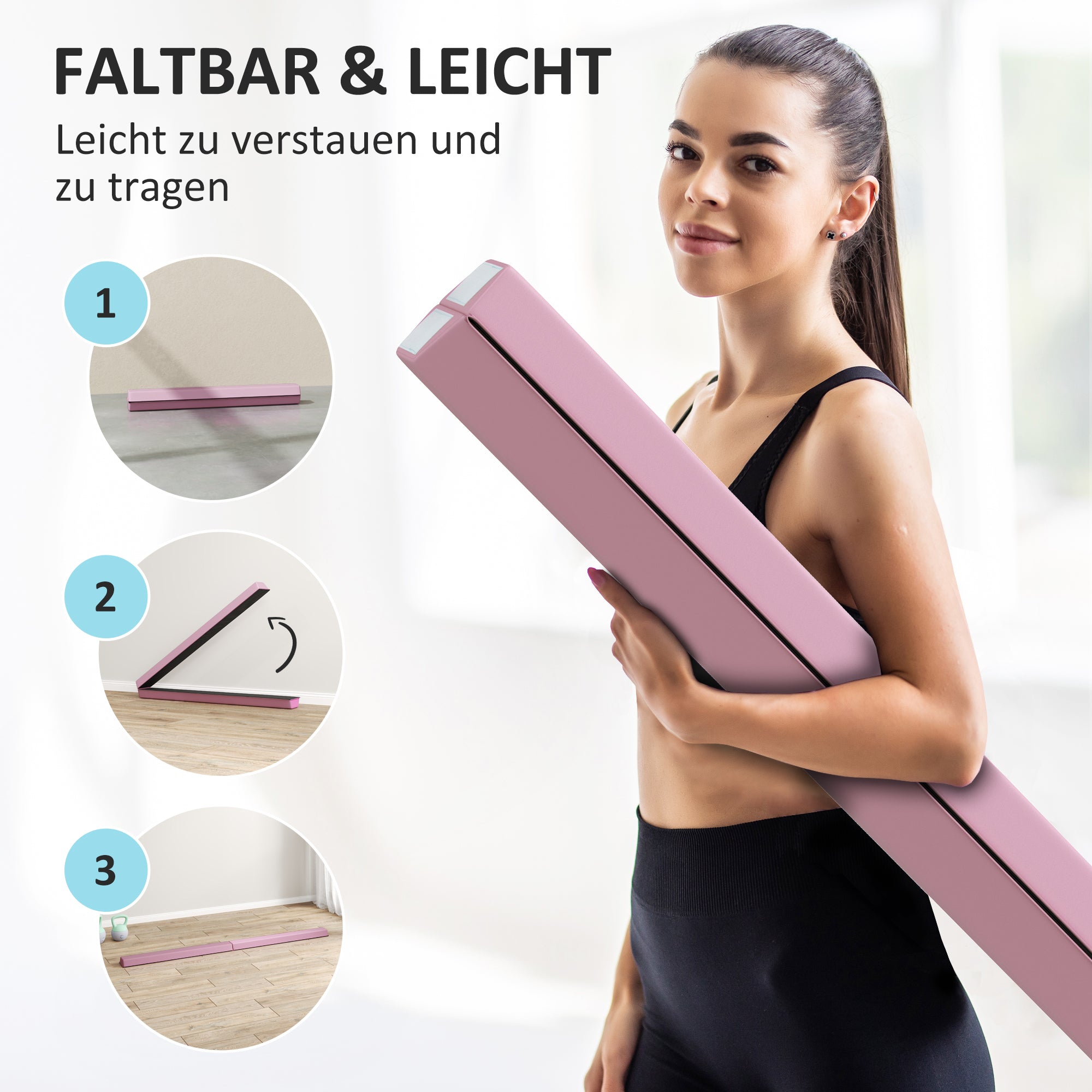 SPORTNOW Schwebebalken 2,4 m, faltbar, rutschfester Boden, für 3+ Jahre, bis 80 kg, Rosa
