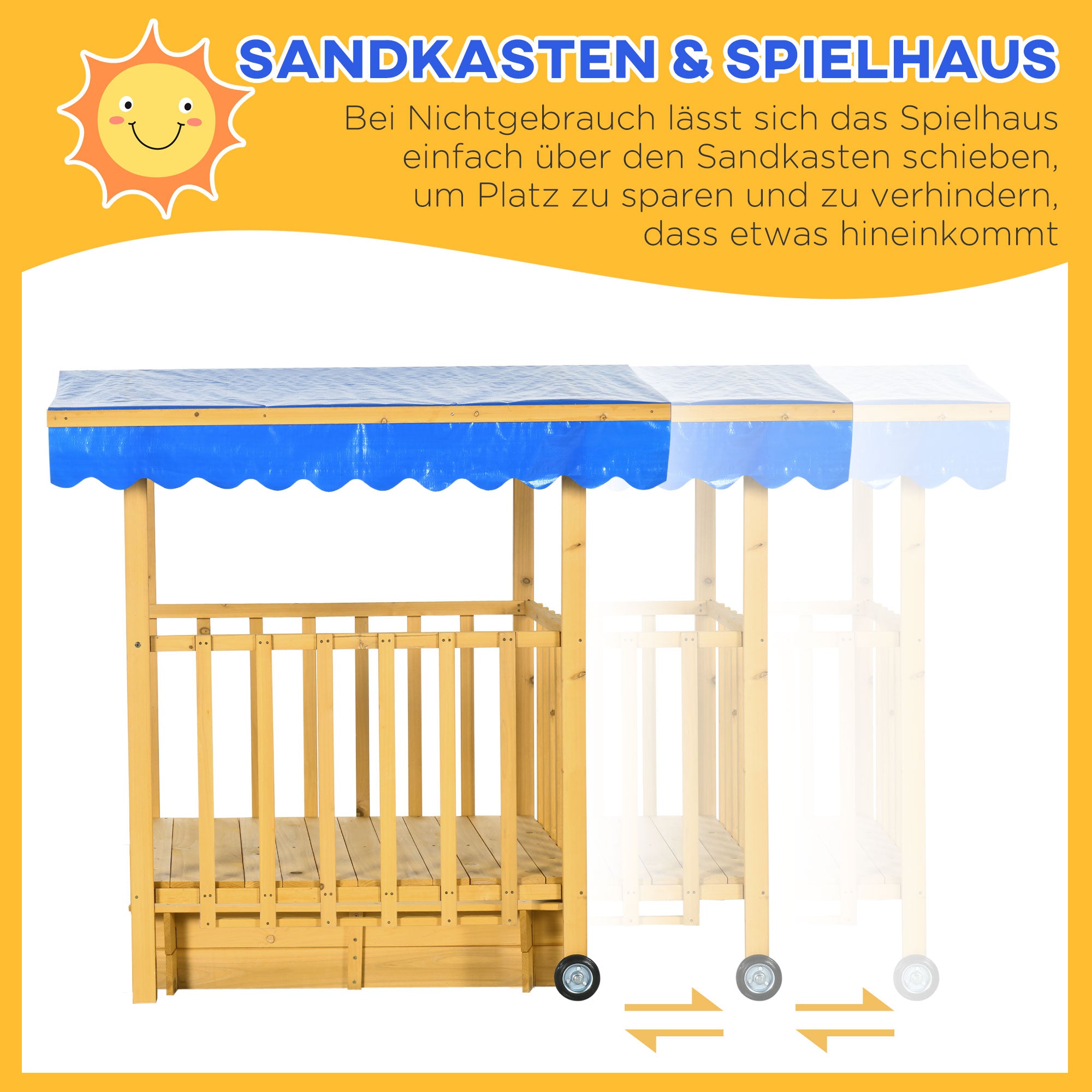Outsunny Sandkasten Sandkasten mit Spielhaus Sandkasten mit Dach, 133 x 129 x 137, 5 cm, Natur + Blau