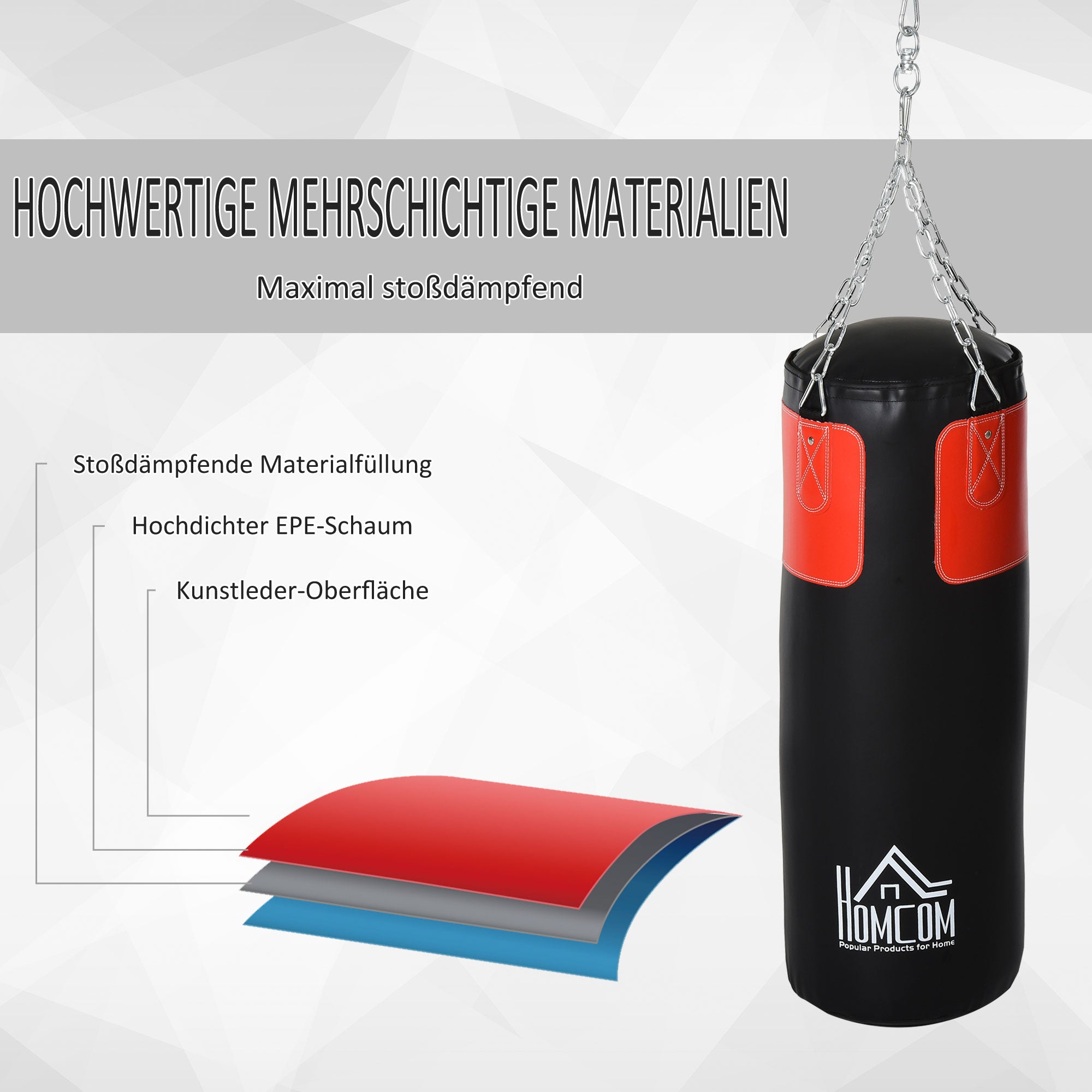 HOMCOM Boxsack-Set Box-Set mit Boxhandschuhen Gefüllt Set für Erwachsene Jugendlichen Hanging Boxing Heavy Bag 16 KG Ø30 x 120 cm Schwarz+Rot