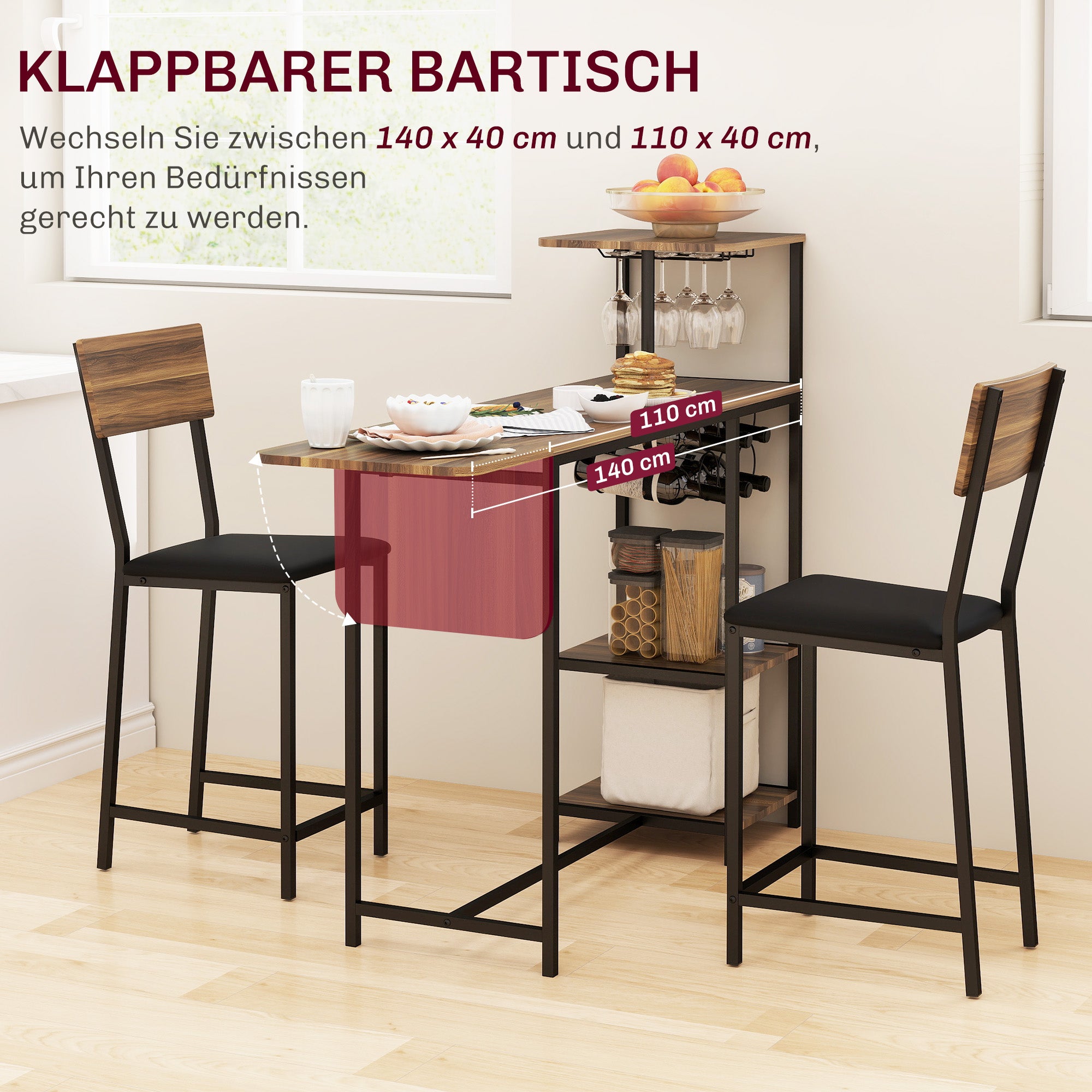 HOMCOM 3-teiliges Bartisch-Set, 1 Bartisch, 2 Stühle, mit Weinregal, Glashalter, Offene Regale, Fußstützen, Braun