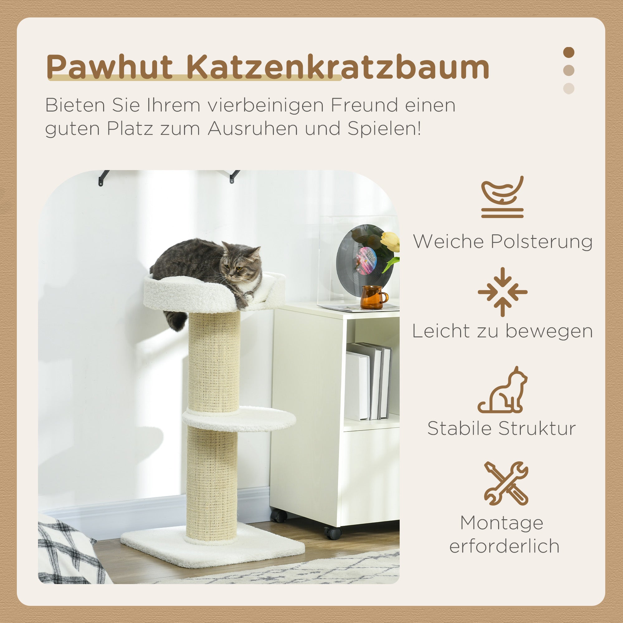 PawHut Katzenbaum  91cm Spielbaum mit Katzenbett, Plattform Lammwolle Creme