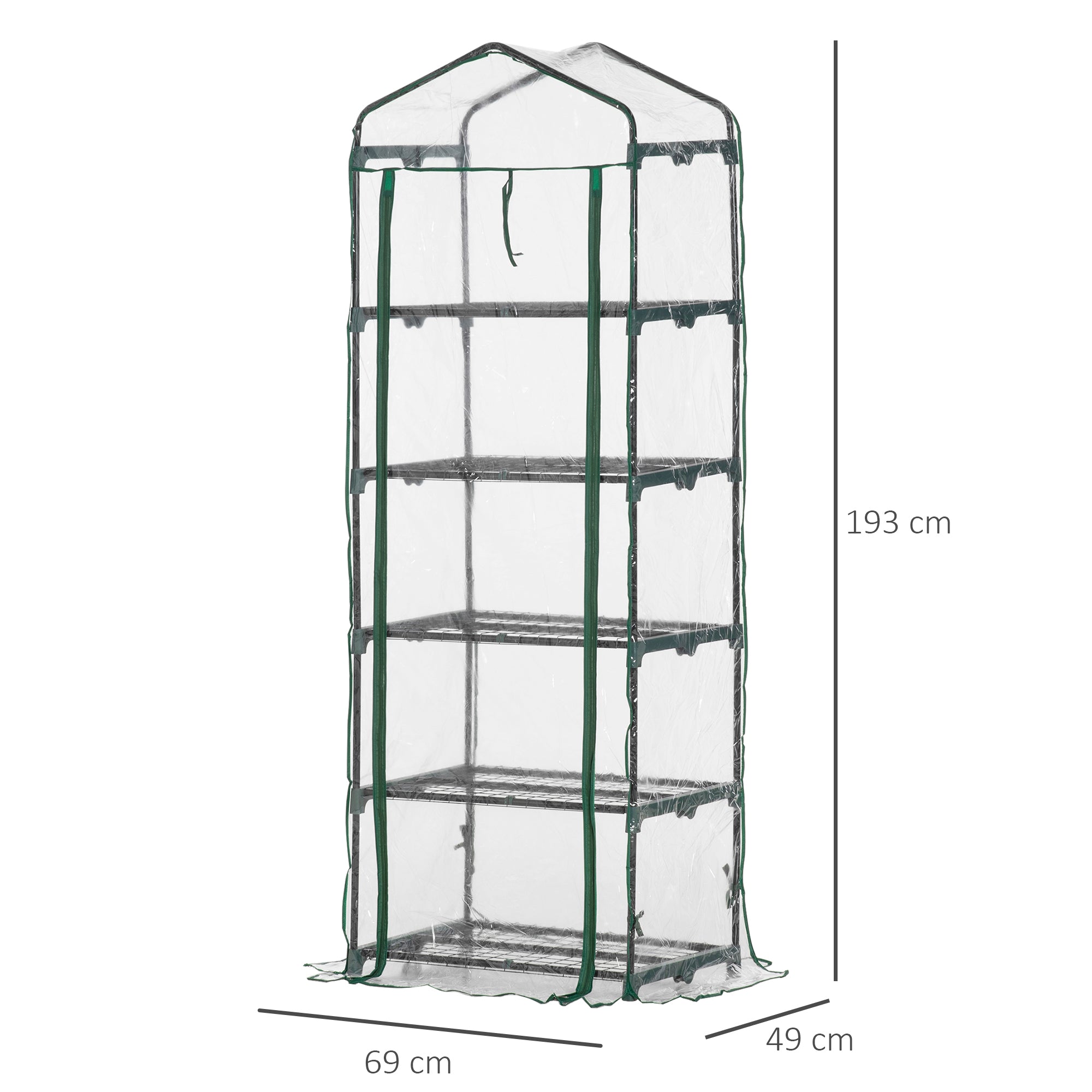 Outsunny Foliengewächshaus Mini-Gewächshaus mit 5 Regale für Blumen oder Gemüse Aufzucht Treibhaus Transparent+Grün Stahl Kunststoff 69 x 49 x 193 cm