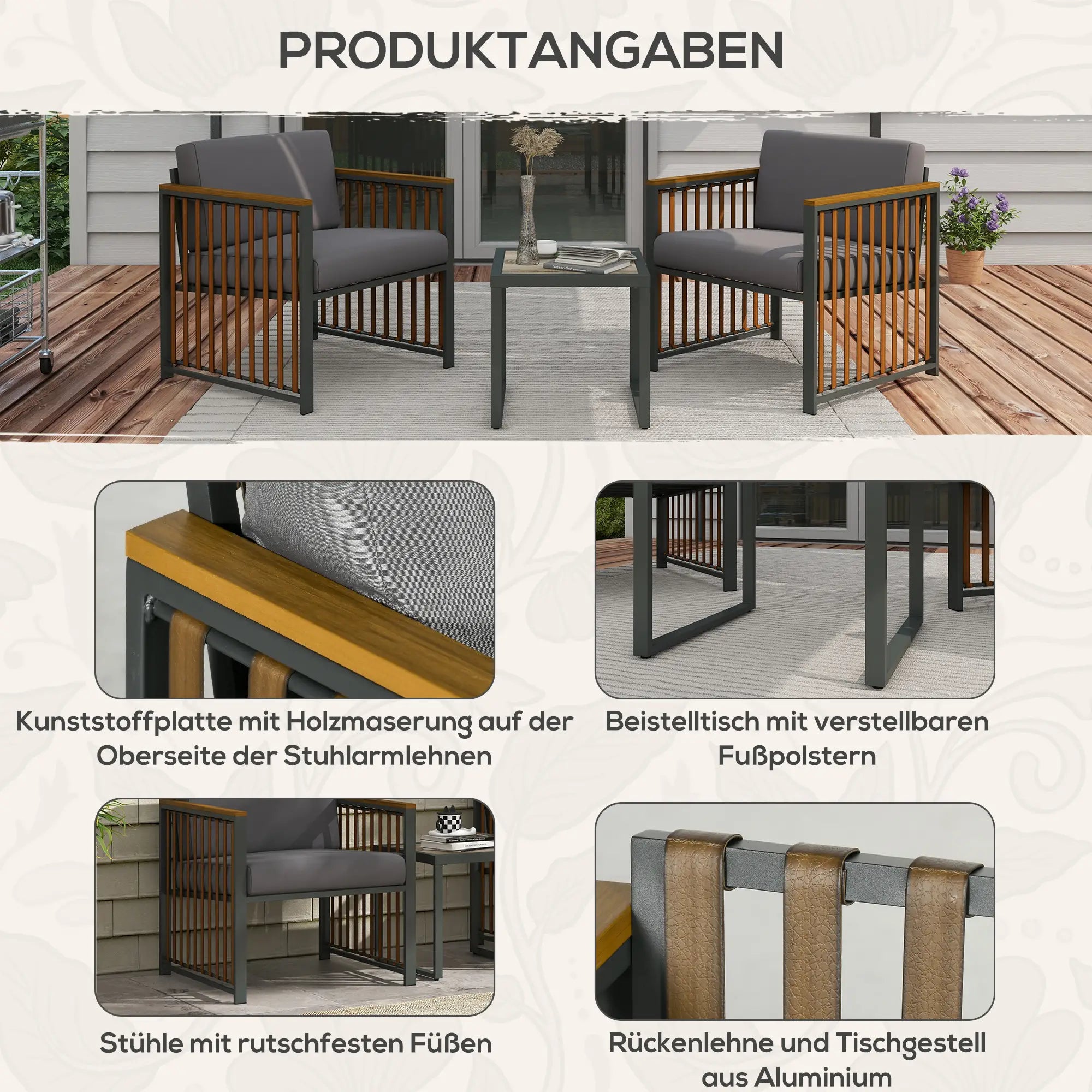Outsunny Gartengarnitur, 3-teilig, inkl. Sitzkissen, Holzdekor, rostfreier Metallrahmen, Grau