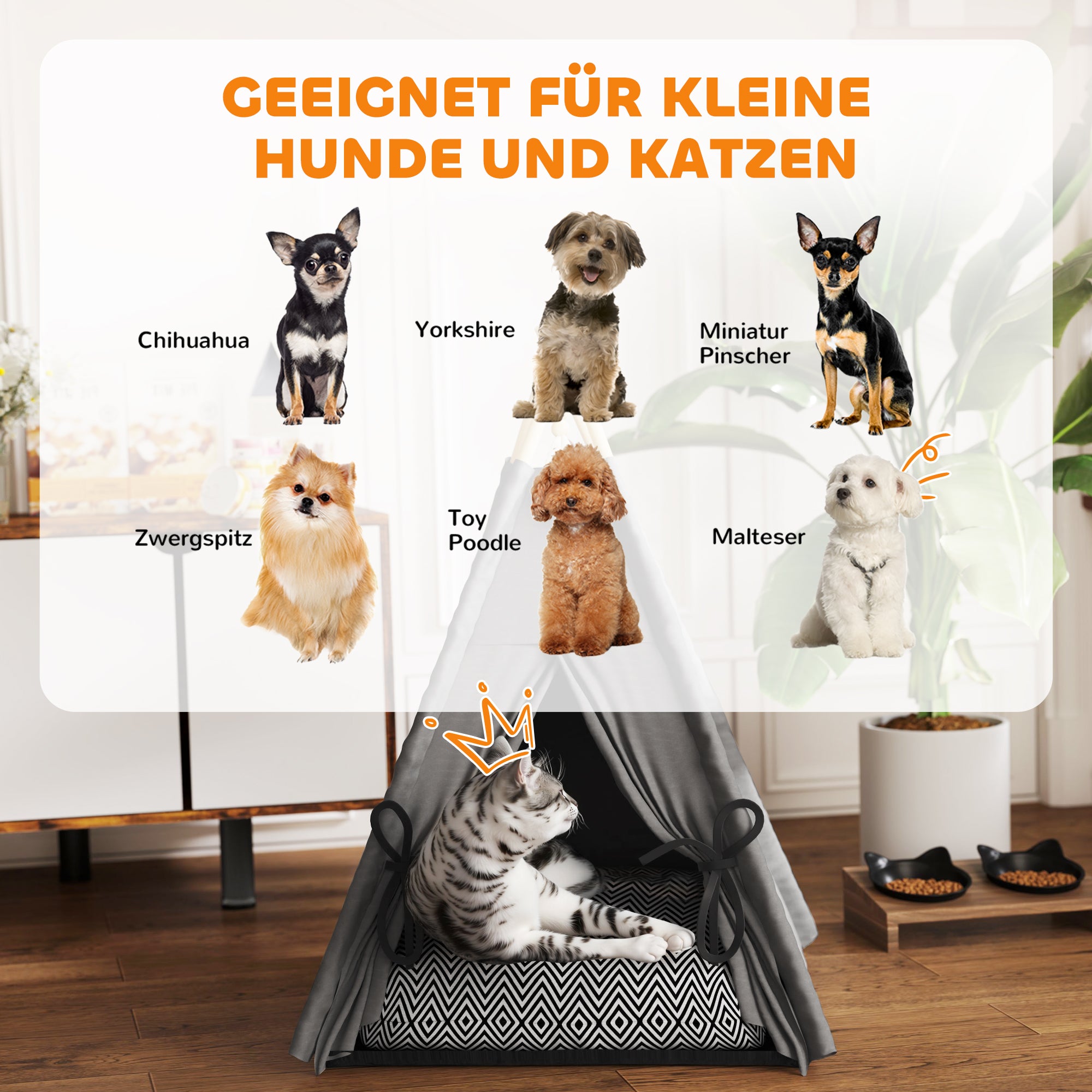 PawHut Tipi-Zelt für Haustiere, Tierbett im Tipi-Design, Katzenzelt mit Kissen, Hundebett zum Schlafen, Katzenbett, Grau