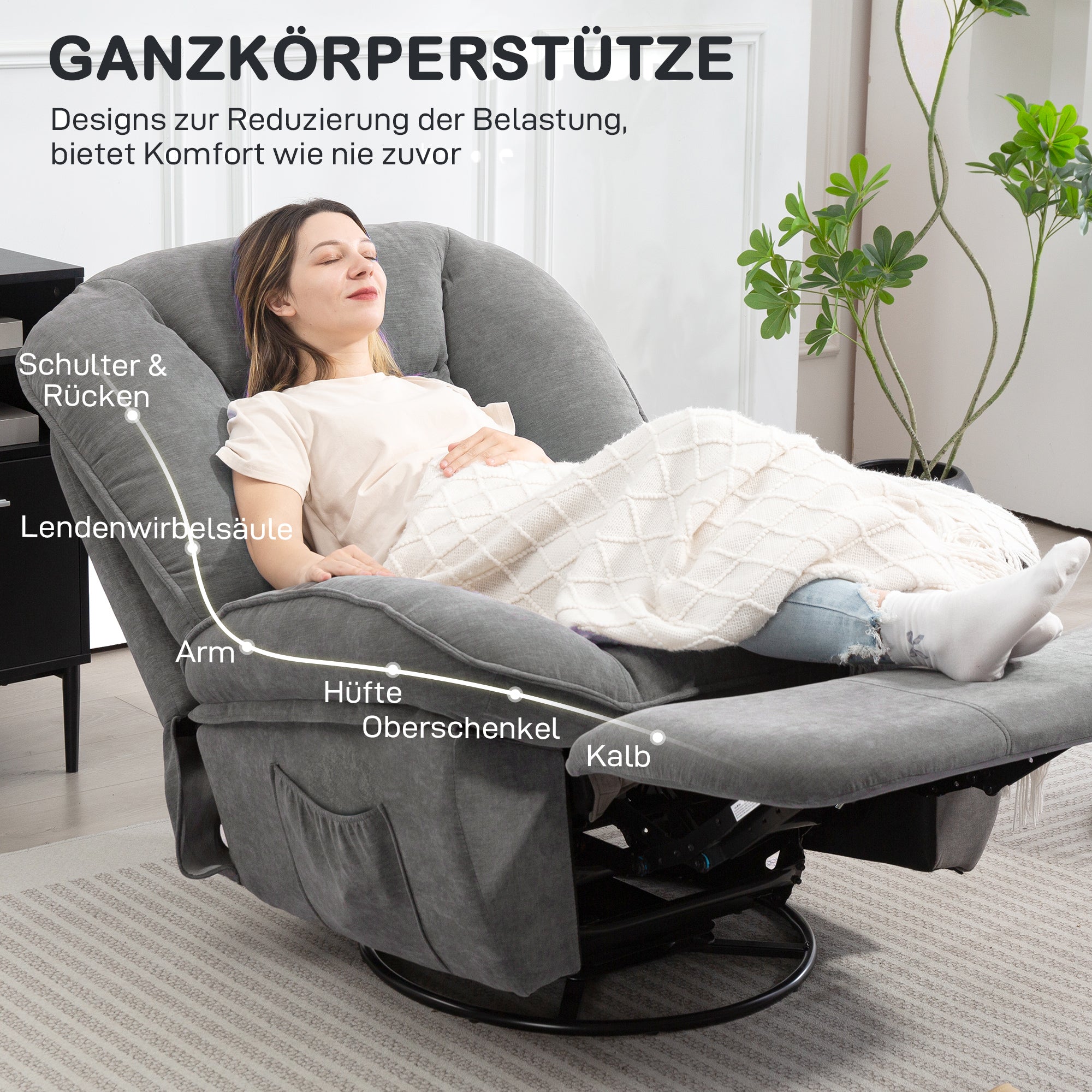 HOMCOM Relaxsessel, Fernsehsessel mit Liegefunktion, Schaukelfunktion, Drehbarer TV-Sessel mit Fußstütze, Grau