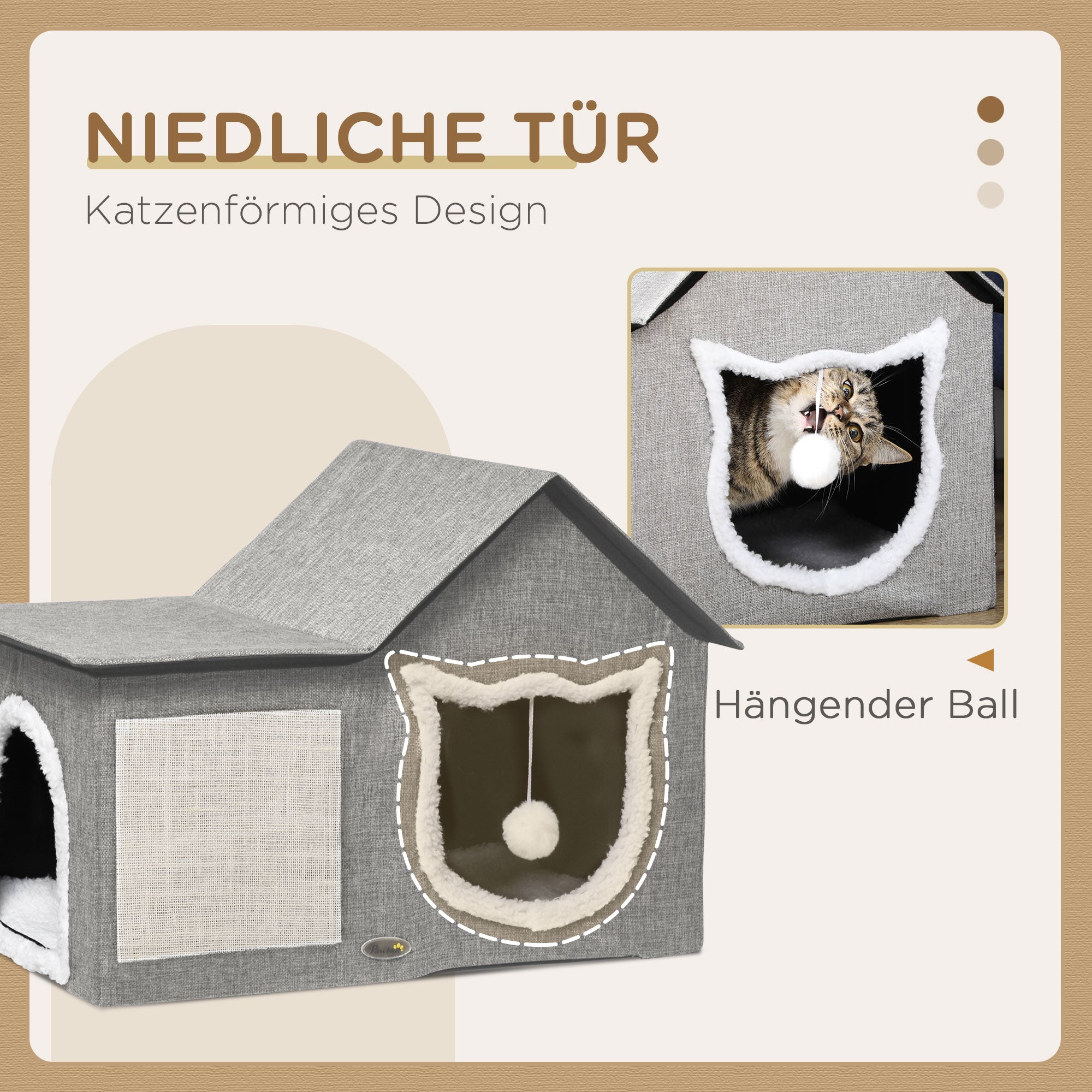 PawHut Katzenhaus mit Kratzfläche, inkl. Spielball, Katzenhöhle, 65 cm  x 41 cm x 45.5H cm, Braun + Weiß + Beige
