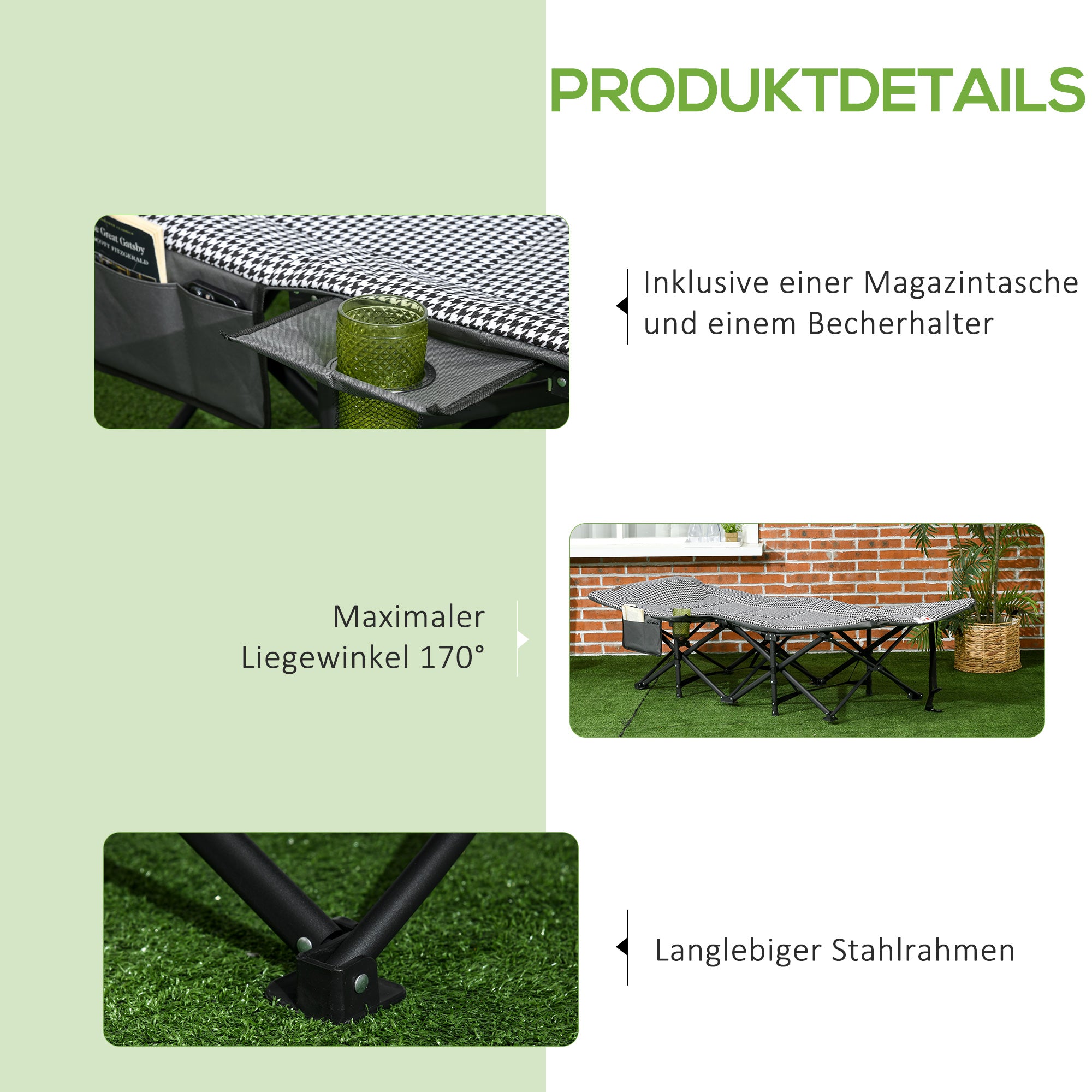 Outsunny Sonnenliege, klappbar, 1 Seitentasche, 1 Getränkehalter, 68 cm x 186 cm x 48 cm, Schwarz + Weiß