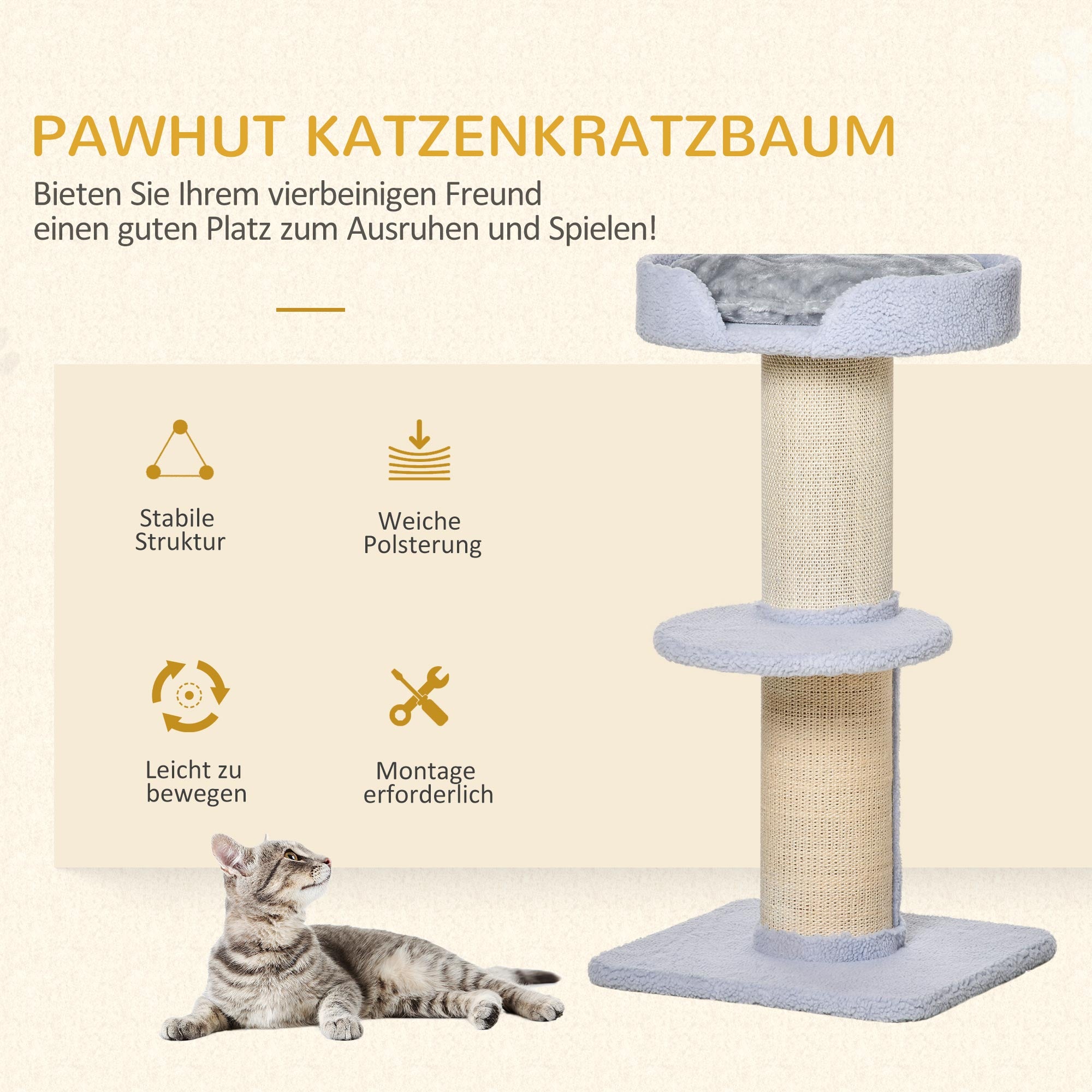PawHut Kratzbaum 91 cm Katzenturm mit Sisalstämme, Plattform, Kissen mehrstöckiger Katzenkratzbaum, Kletterbaum, für mittelgroße Katzen, Hellblau