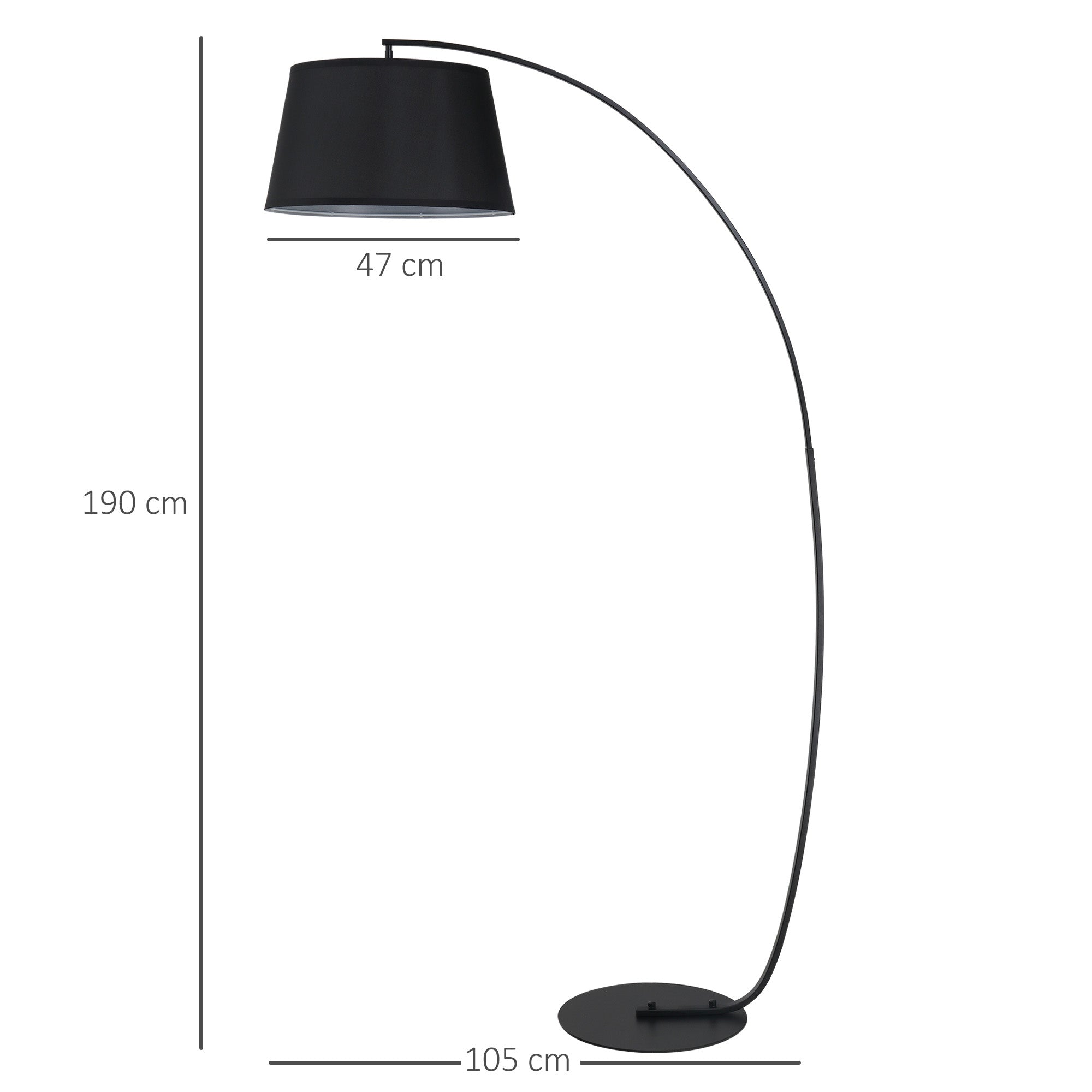 HOMCOM Stehlampe, Gebogene Stehleuchte mit Stoffschirm, Bodenlampe mit runder Basis, Metall, 105L x 47B x 190H cm, Schwarz