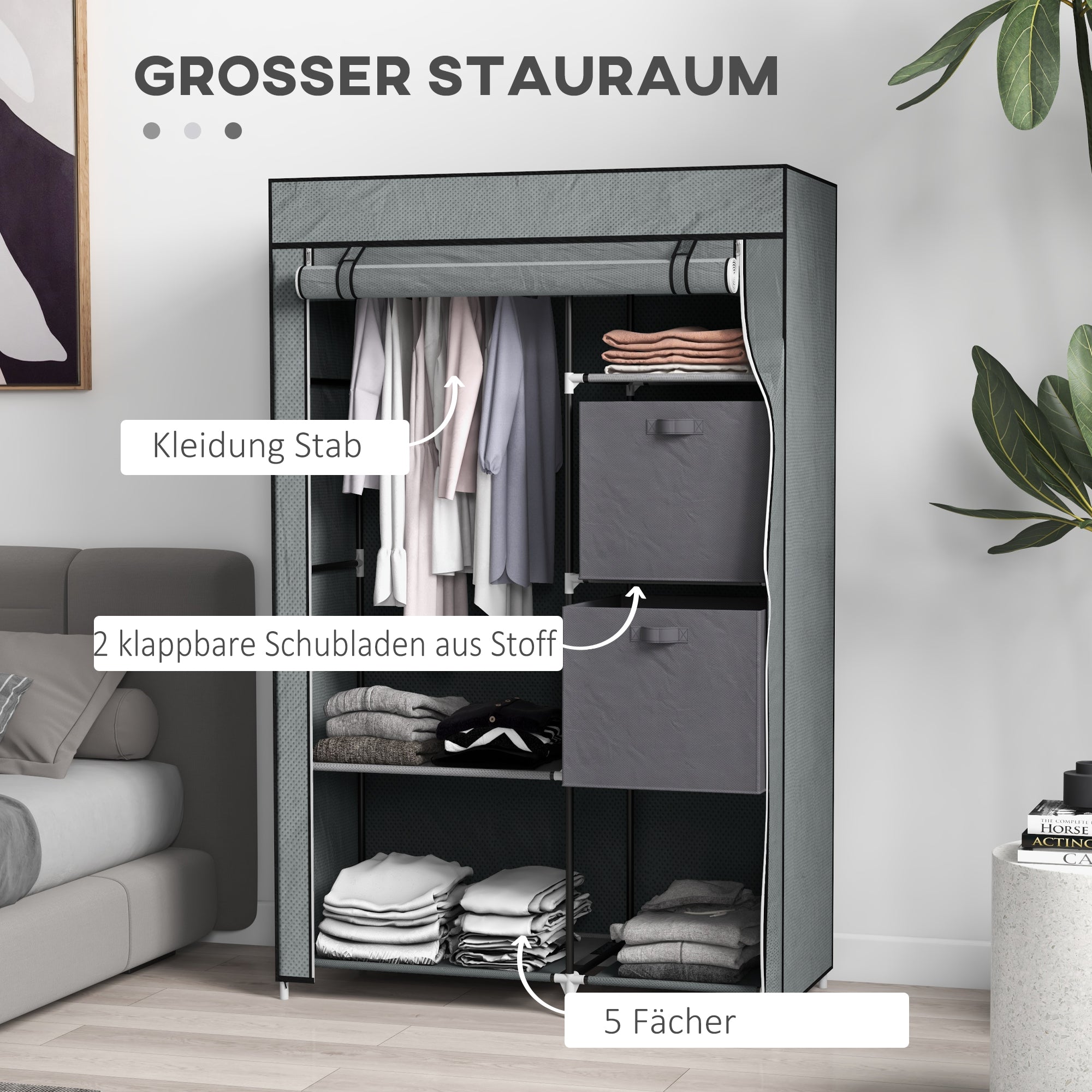 HOMCOM Stoffschrank Kleiderschrank faltbarer Schrank, 1 Kleiderstange, 6 Regalböden, 102 x 42.5 x 162.5 cm, Grau