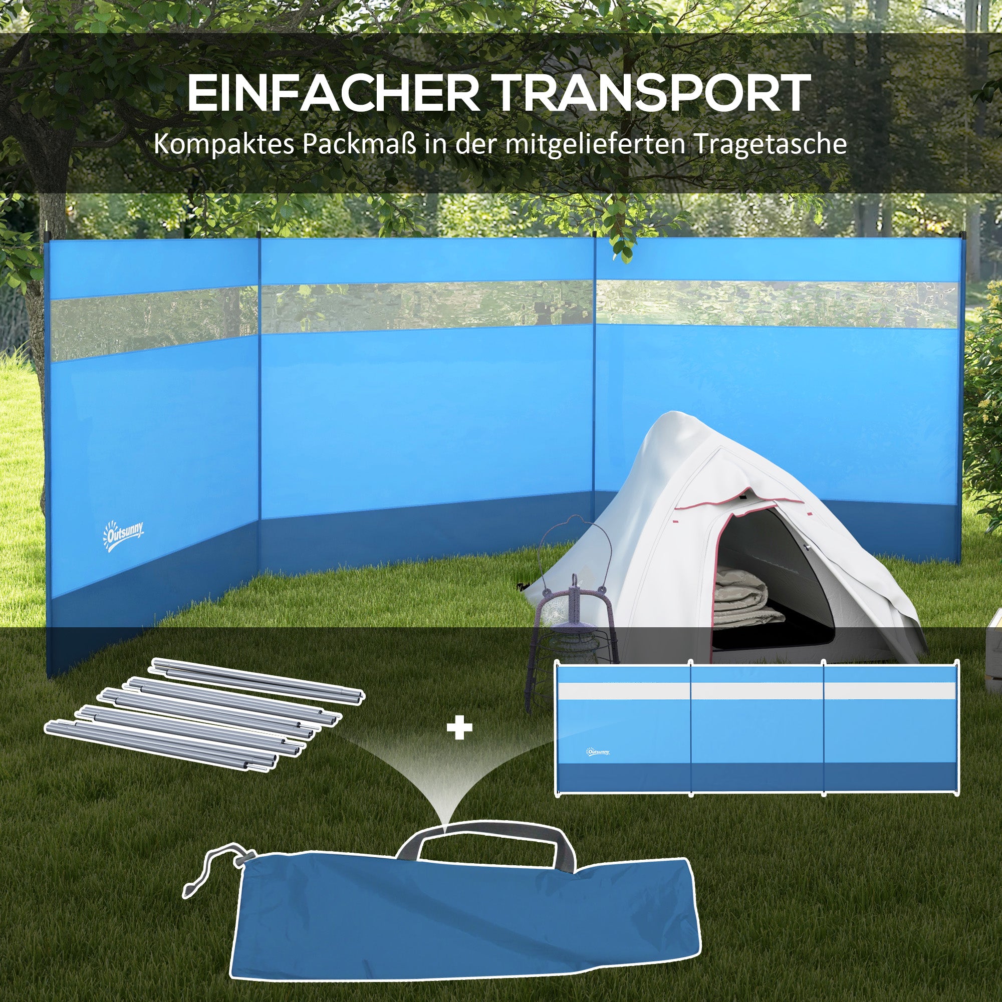 Outsunny Windschutz mit Sichtfenster und Tragetasche, Stahlstangen, 440x140cm, Blau