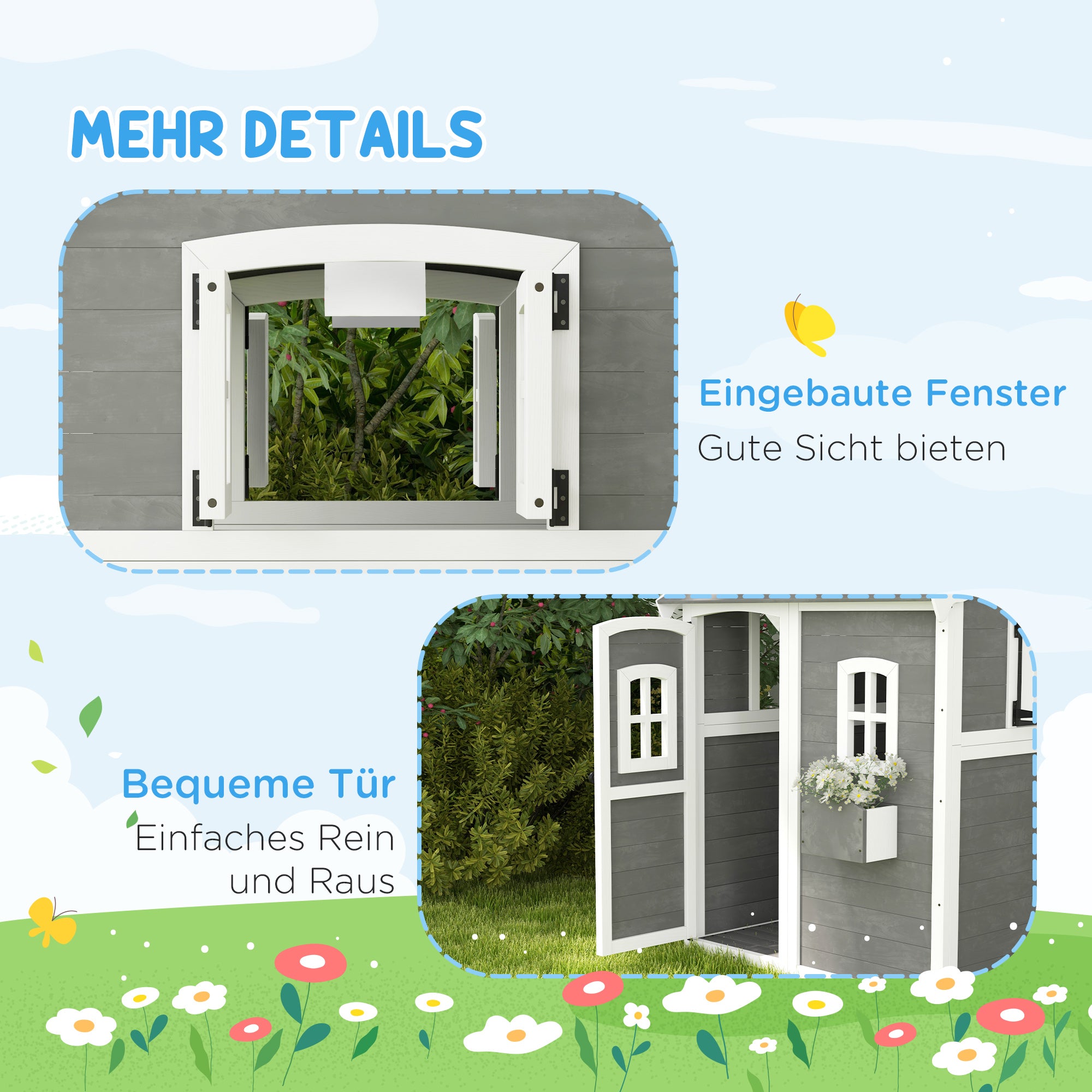 Outsunny Spielhaus für Kinder, Indoor- und Outdoor-Haus mit Tür, Fenstern und Pflanzkasten, Tannenholz, Grau
