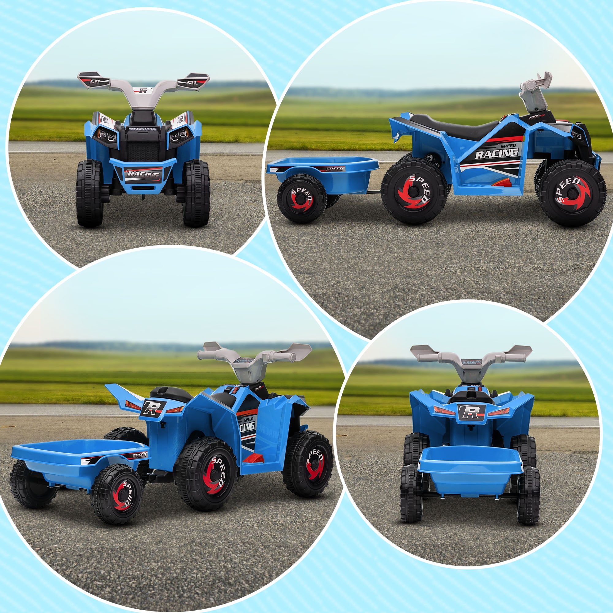 HOMCOM Kinderquad, aufladbar, 2,5 km/h, mit Anhänger, 50 Min. Fahrzeit, für Kinder 1,5 bis 3 Jahre, Blau