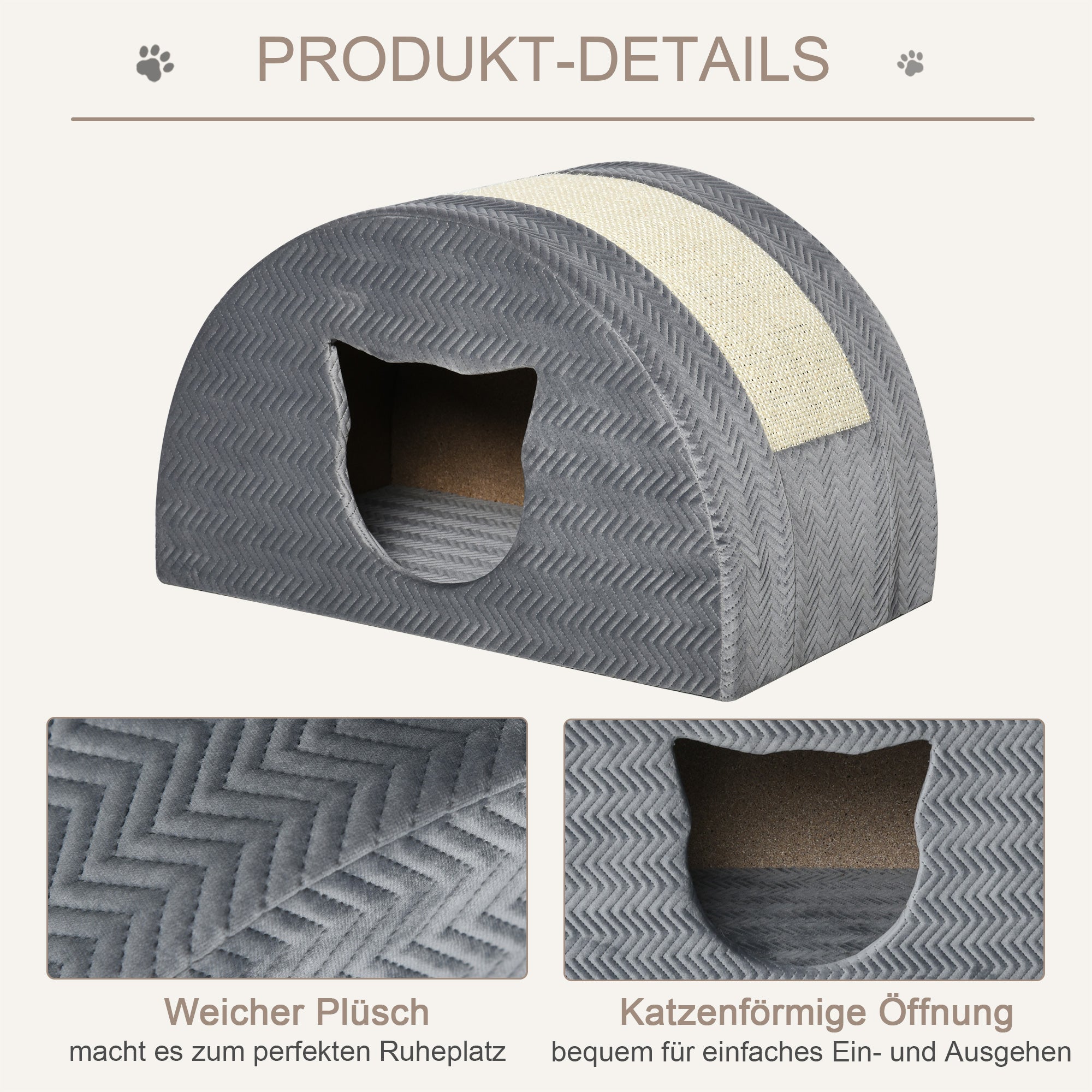 PawHut Katzenhöhle mit Kraztbrett Katzenbett Kratzhaus Katzenhaus Katzenwohnung Sisal Grau 48,5 x 30 x 30 cm