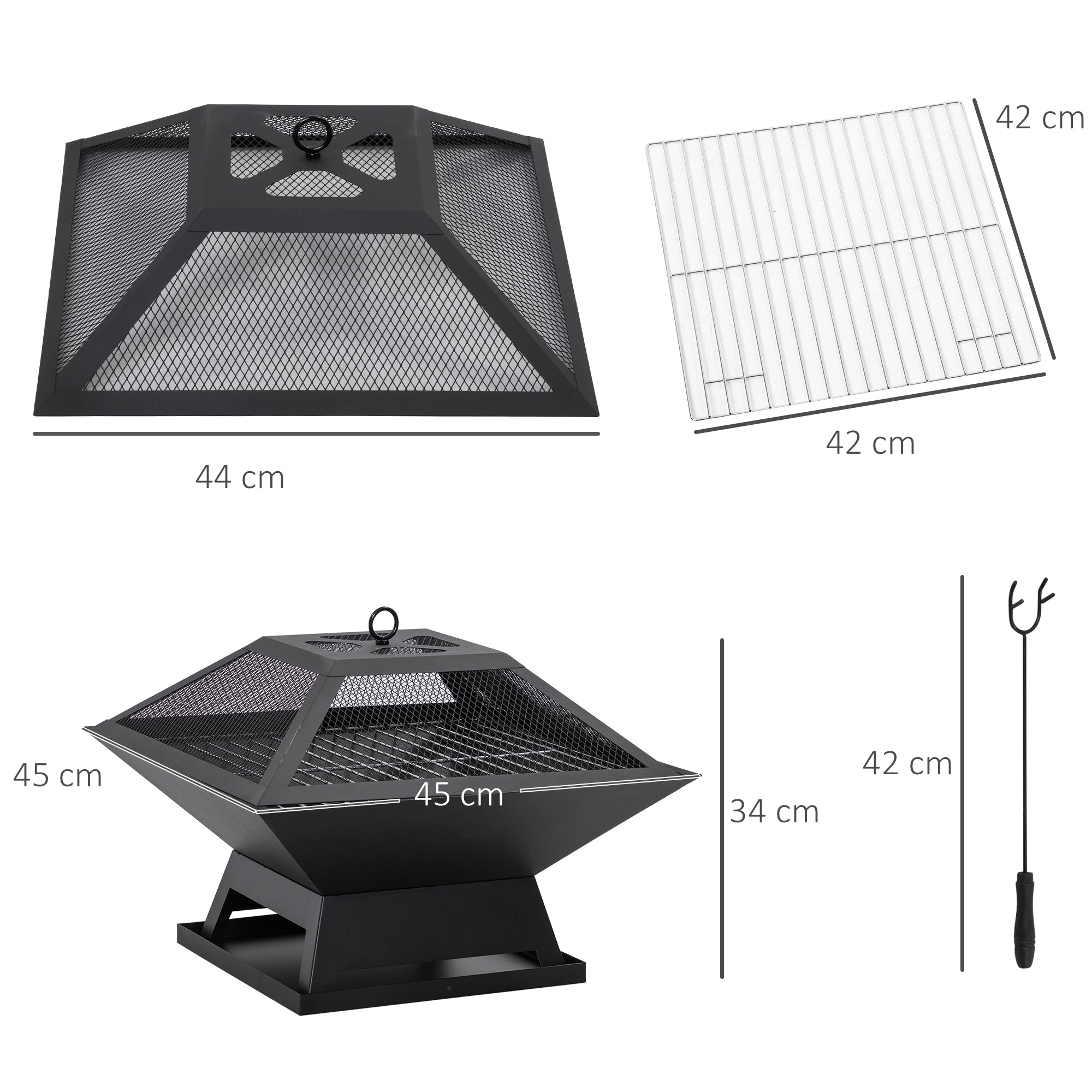 Outsunny Feuerschale 45 x 45 x 34cm aus Edelstahl Feuerstelle mit Funkenschutz Schürhaken Feuerschalen Feuerkorb für Garten, Balkon, BBQ Camping Schwarz