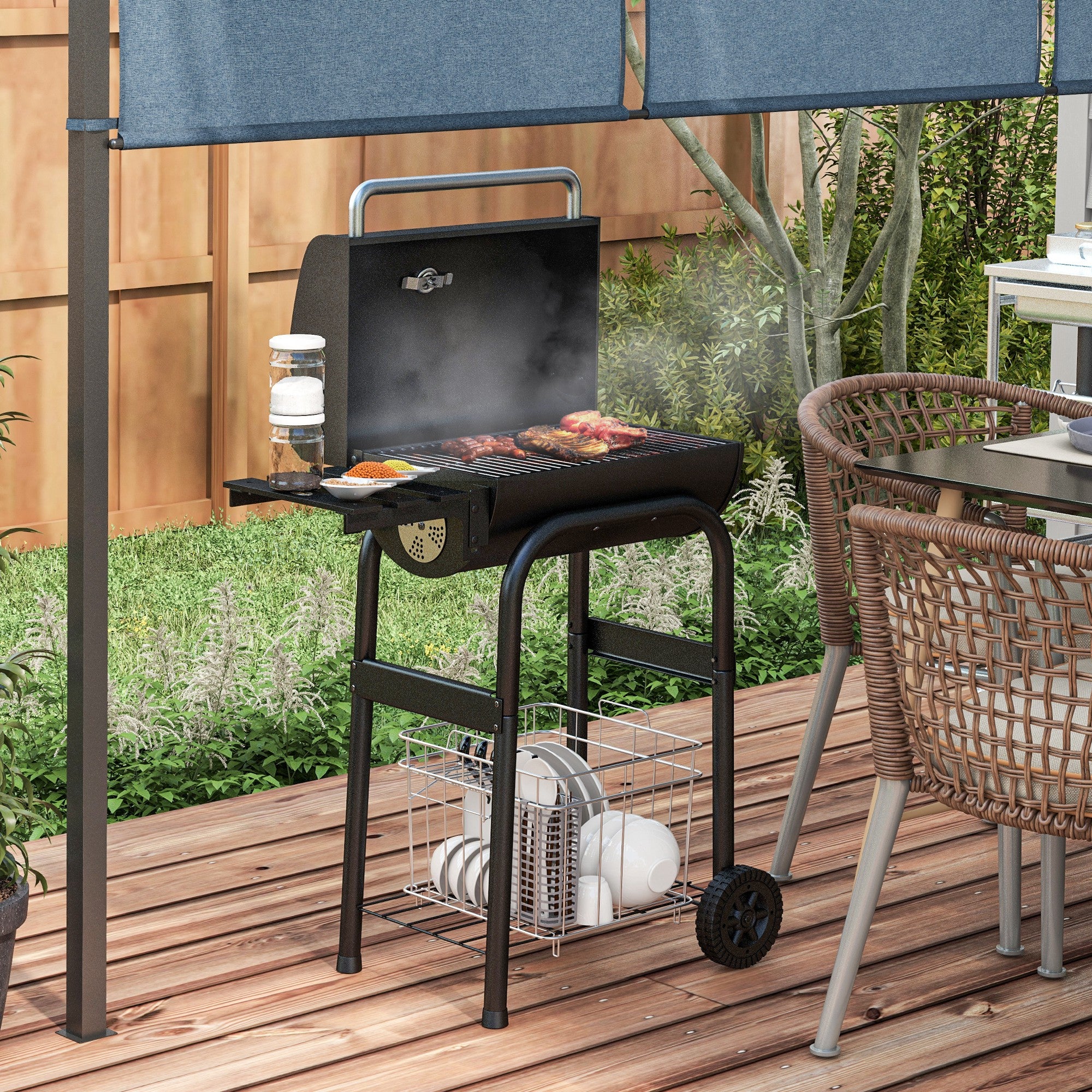 Outsunny Holzkohlegrill Smoker BBQ-Grill, 1 Ablage,inkl. Thermometer, 83 x 46.5 x 115 cm, Schwarz