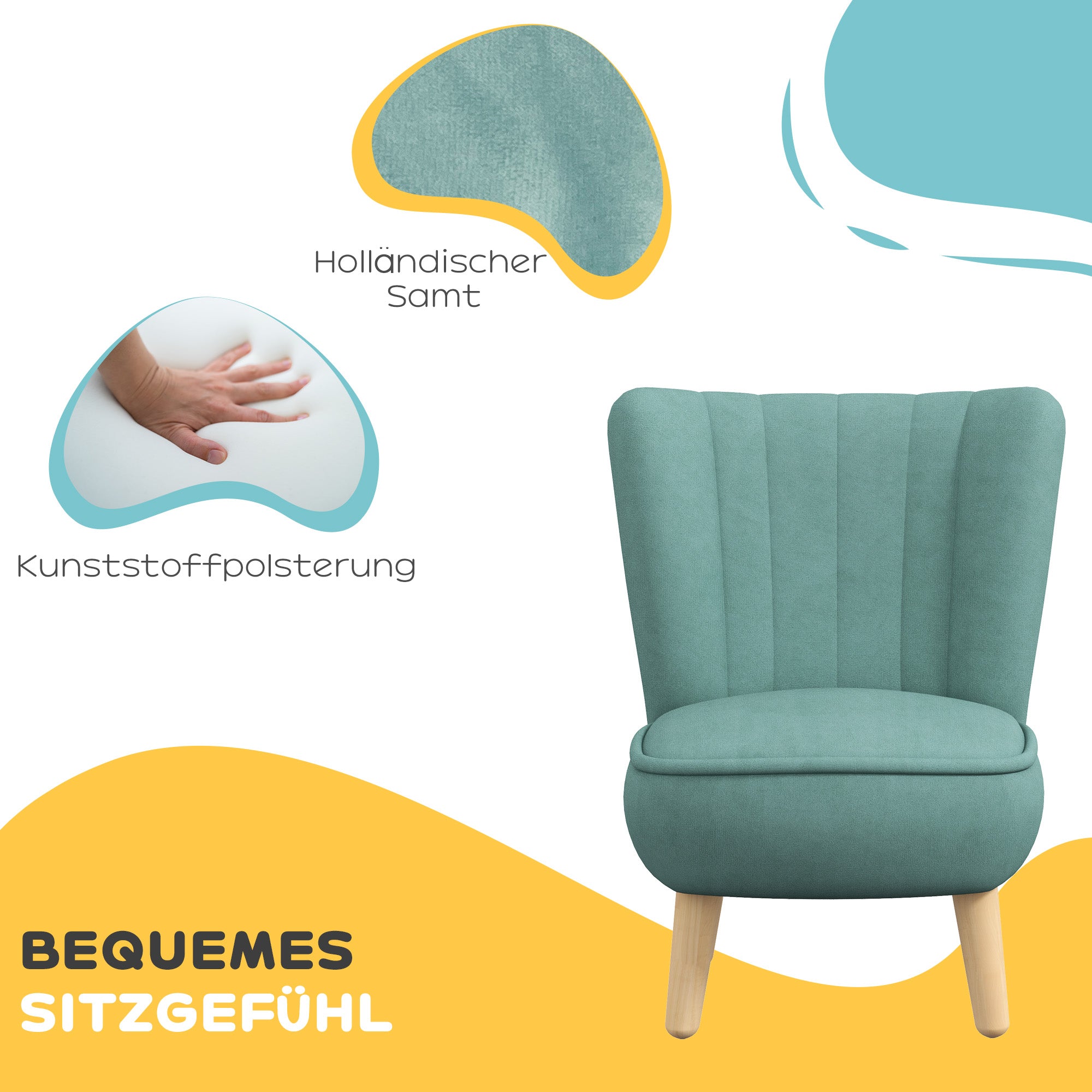 AIYAPLAY Kindersessel, Samtoptik, für 3-7 Jahre, bis 45 kg, Holzgestell, 44x45x56,5cm, Hellblau