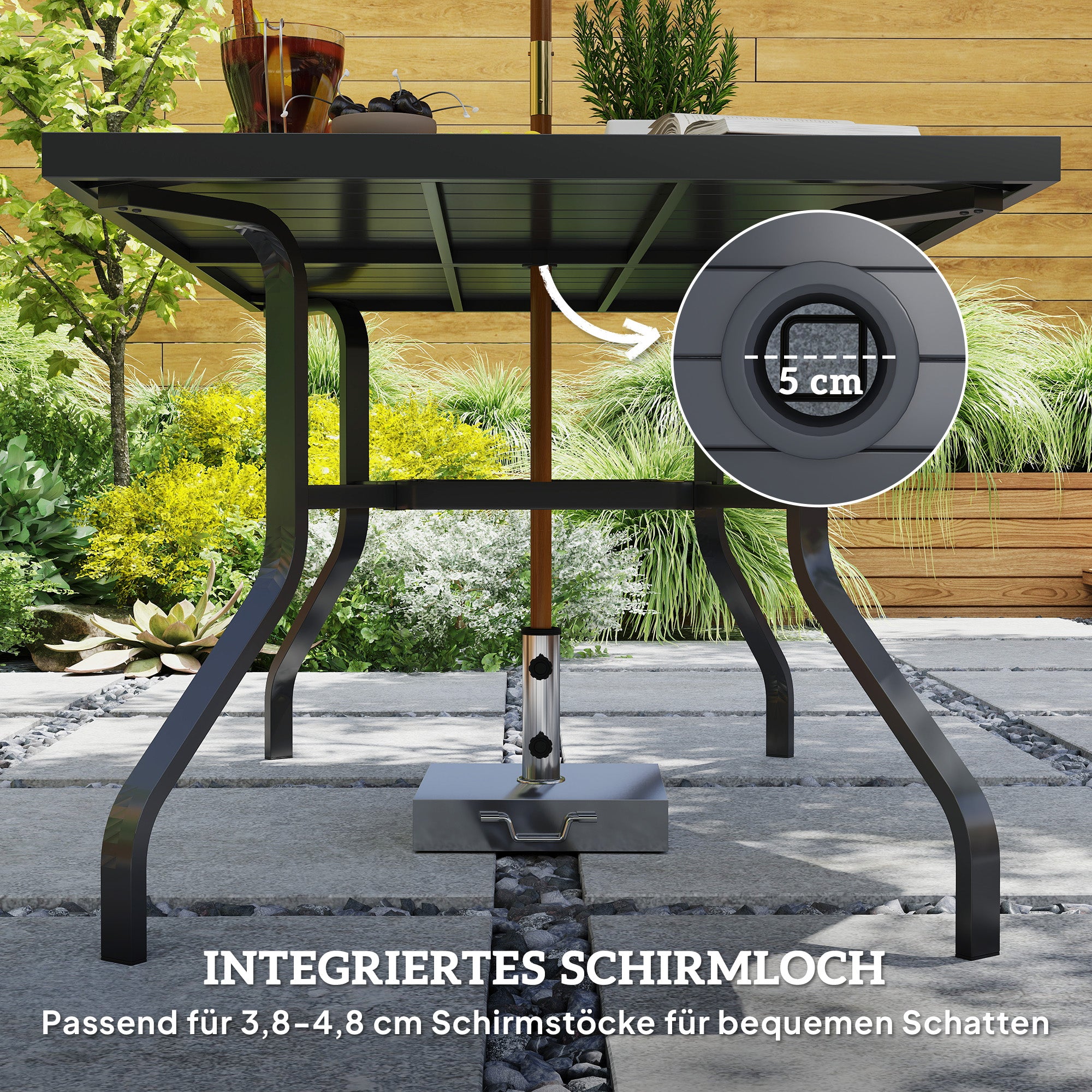 Outsunny Gartentisch 152x90 cm, Wetterfest Balkontisch aus Stahl, Beistelltisch mit Schirmloch, Latten-Design Schwarz