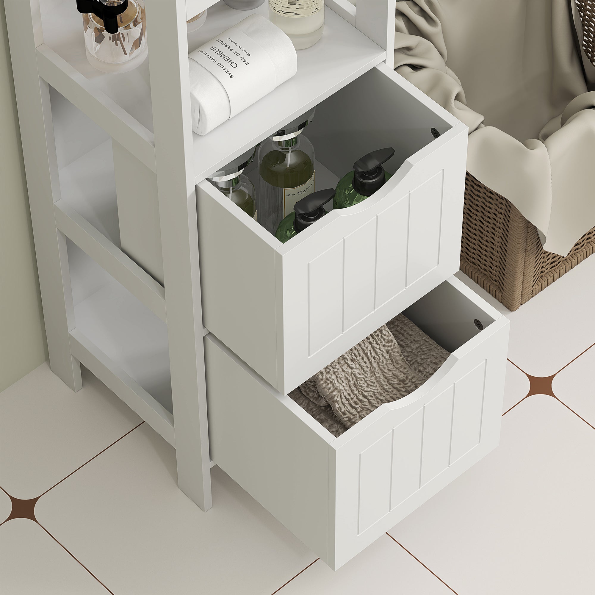HOMCOM Badezimmerschrank, Kompaktes Badezimmerregal mit 2 Schubladen und 3 offenen Fächern, Freistehendes Badregal, MDF, Weiß
