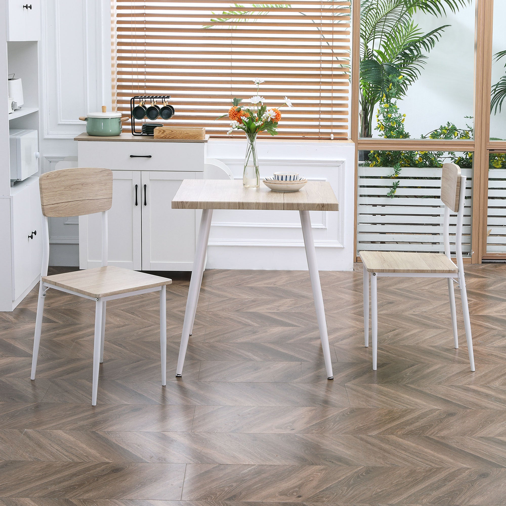 HOMCOM 3-teilige Essgruppe Esstisch mit 2 Stühlen Esszimmergruppe mit Metallgestell Sitzgruppe für Esszimmer, Küche Nautr+Weiß
