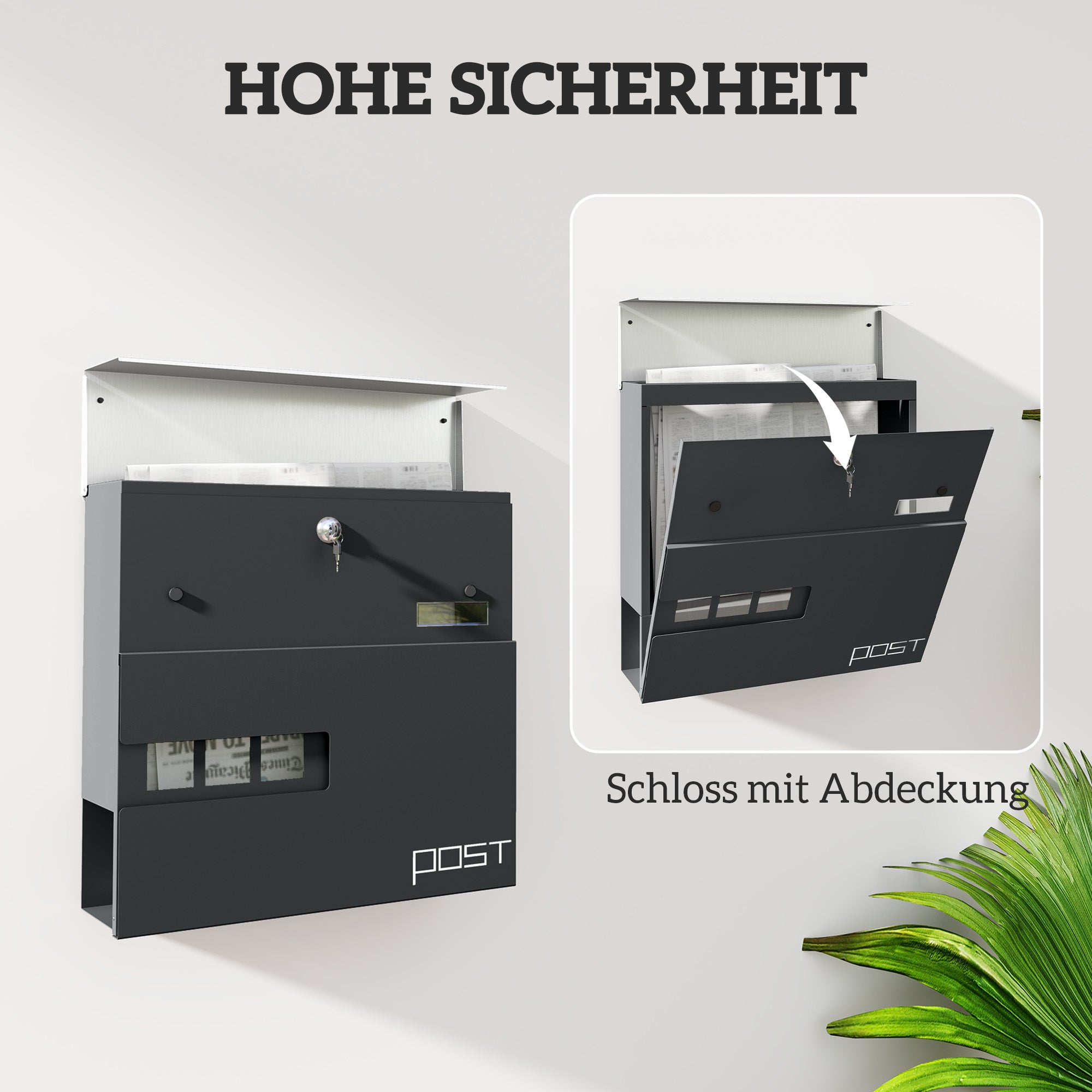 HOMCOM Briefkasten, Wandmontage, Abschließbar, Sichtfenster, Stahl, Grau