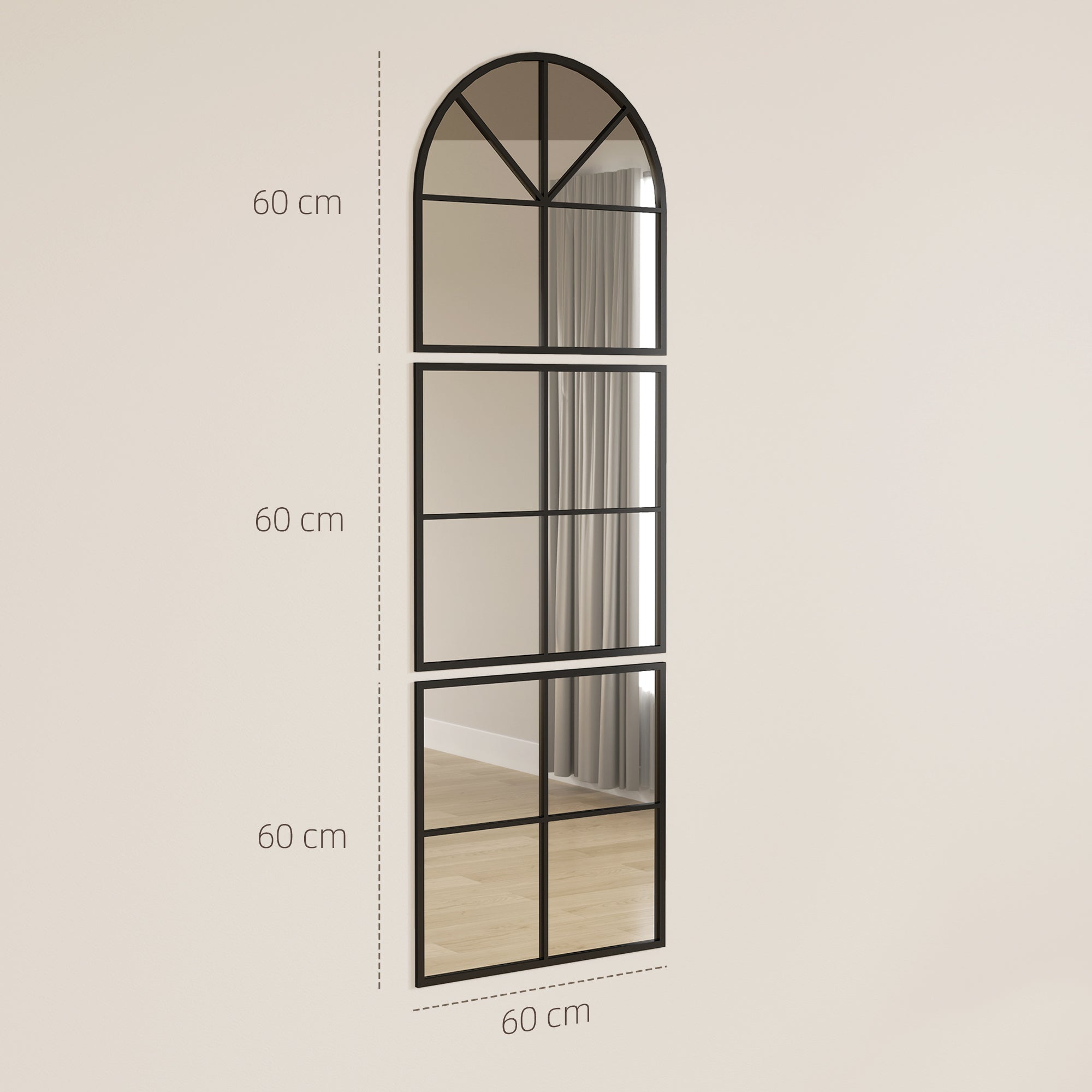 HOMCOM Wandspiegel dreiteilig, bogenförmiger Spiegel mit Metallrahmen, dekorativ 60 x 2 x 180 cm Schwarz
