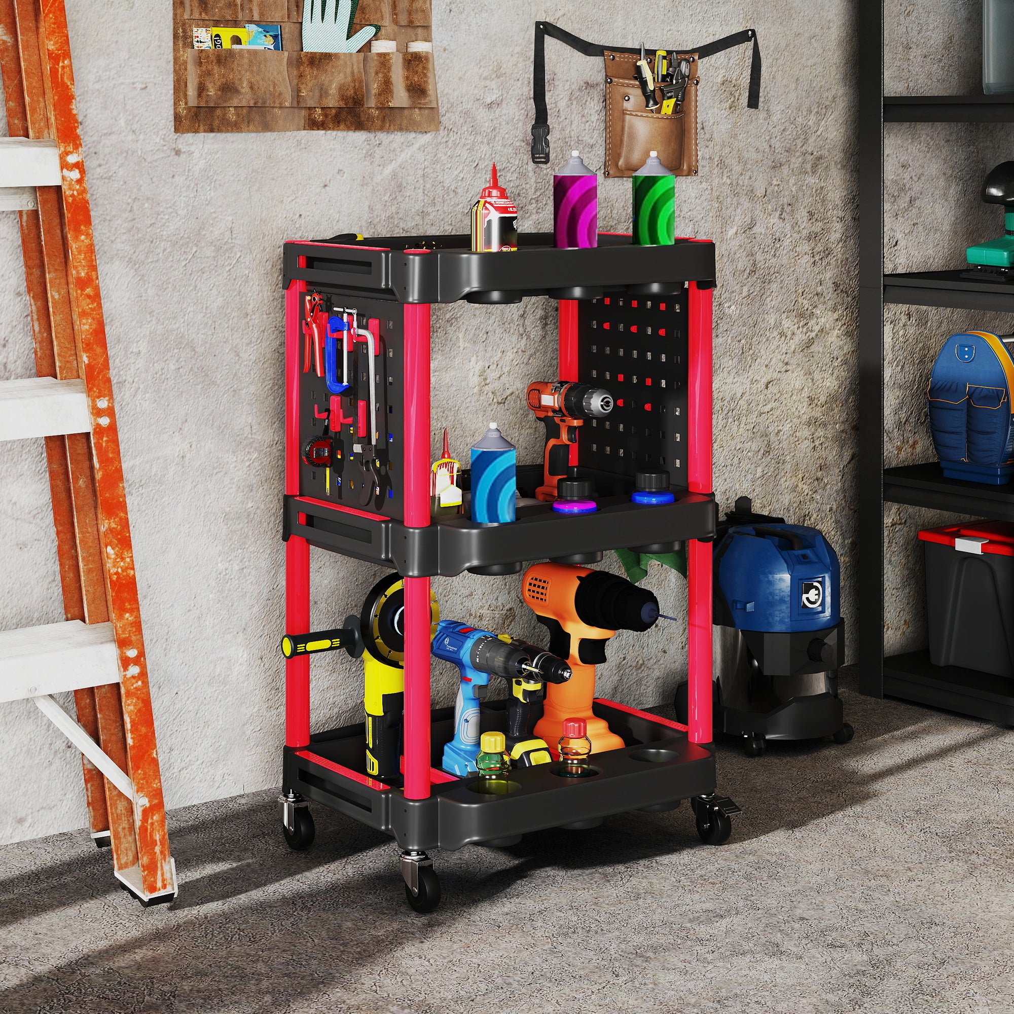 HOMCOM Werkzeugwagen, dreistufige Regale, 4 Räder, Kunststoff, 10 Haken, Rot