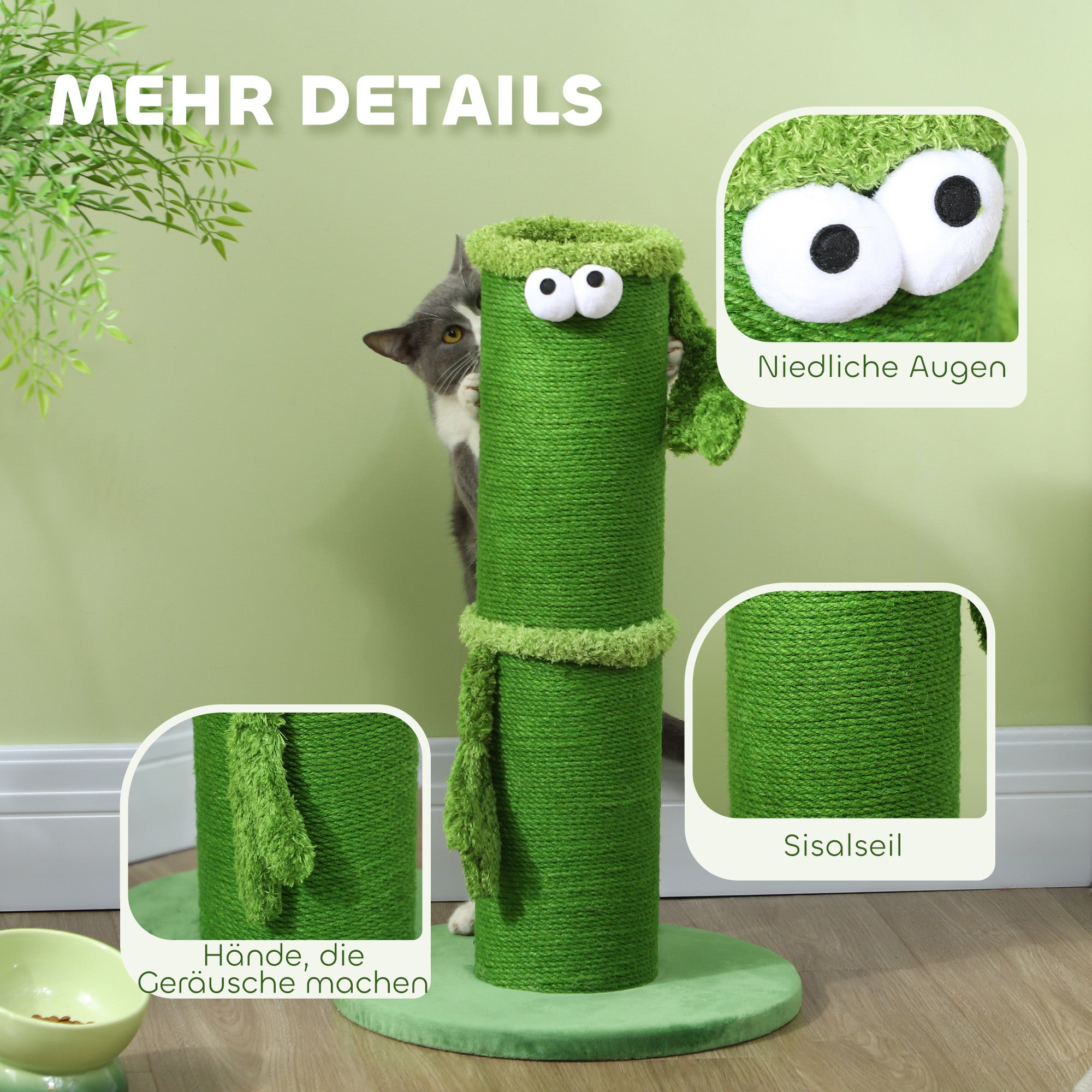 PawHut Katzenkratzpfosten für den Innenbereich, 63 cm, Sisalseil, breite Basis, Kratzbaum, niedliches Design, Grün