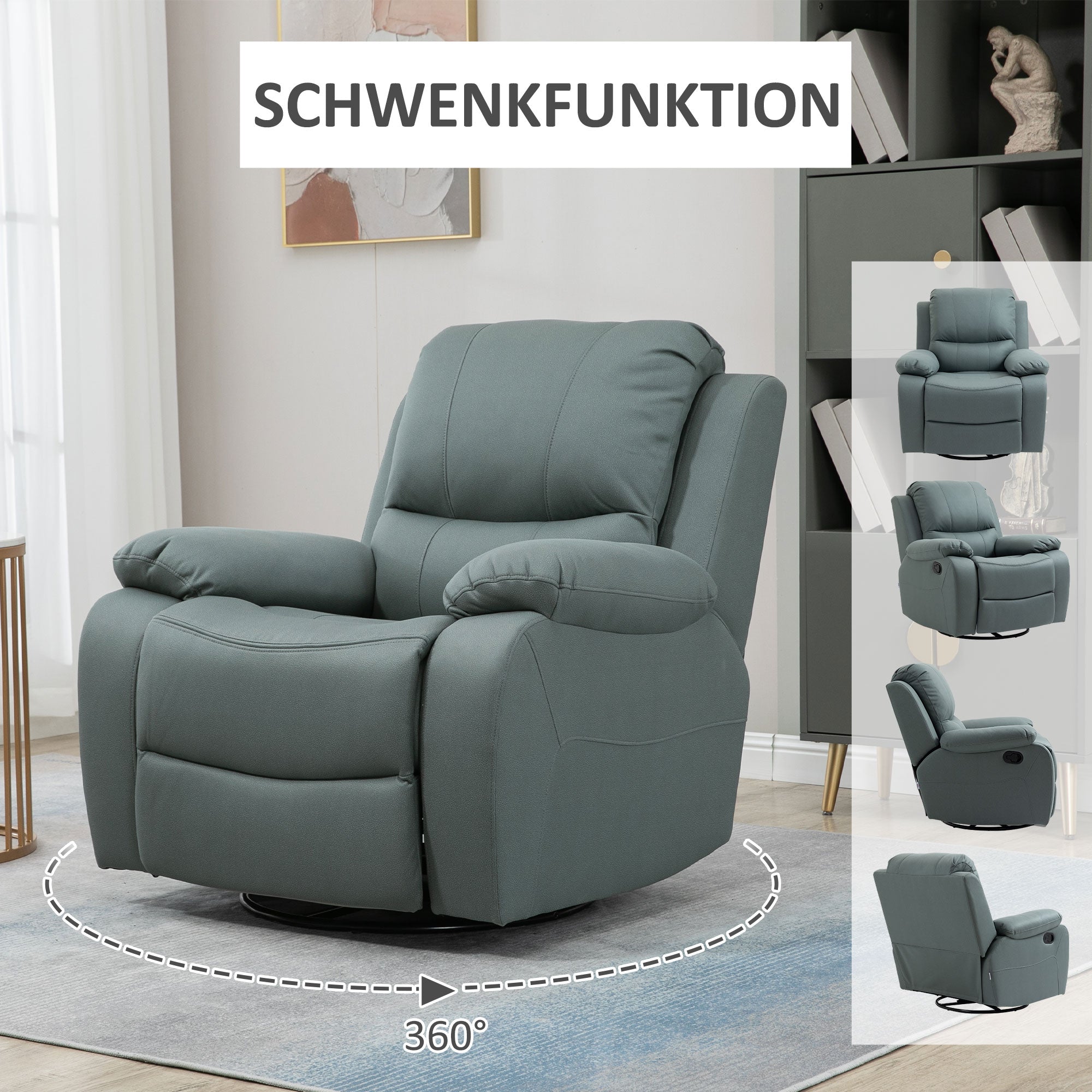 HOMCOM Relaxsessel mit Neigungsverstellung bis 135° 360 Grad drehbar 93 cm x 100 cm x 98 cm Stahlgestell Grün