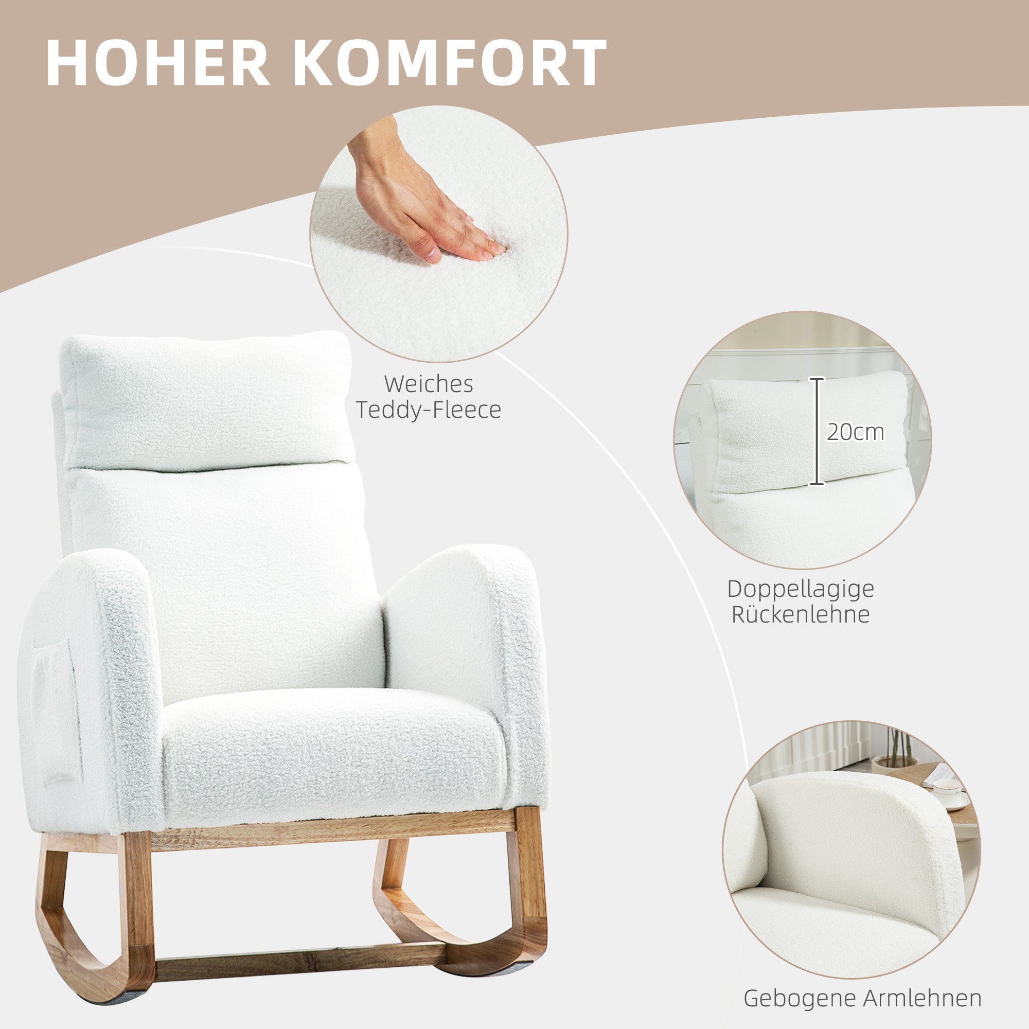 HOMCOM Schaukelstuhl, Relaxsessel, dicke Polsterung, kuscheliger Bezug, Holzrahmen, bis 120 kg Tragkraft, Cremeweiß