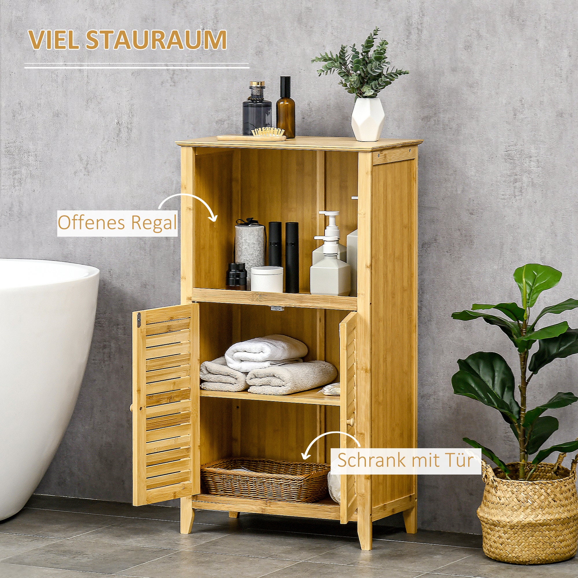 HOMCOM Badezimmerschrank Badschrank Standregal mit 2 Lamellentüren, offenem Regal, Bambus, Aufbewahrungsschrank Schrank für Badezimmer, Wohnzimmer 50 x 25,5 x 92cm Natur