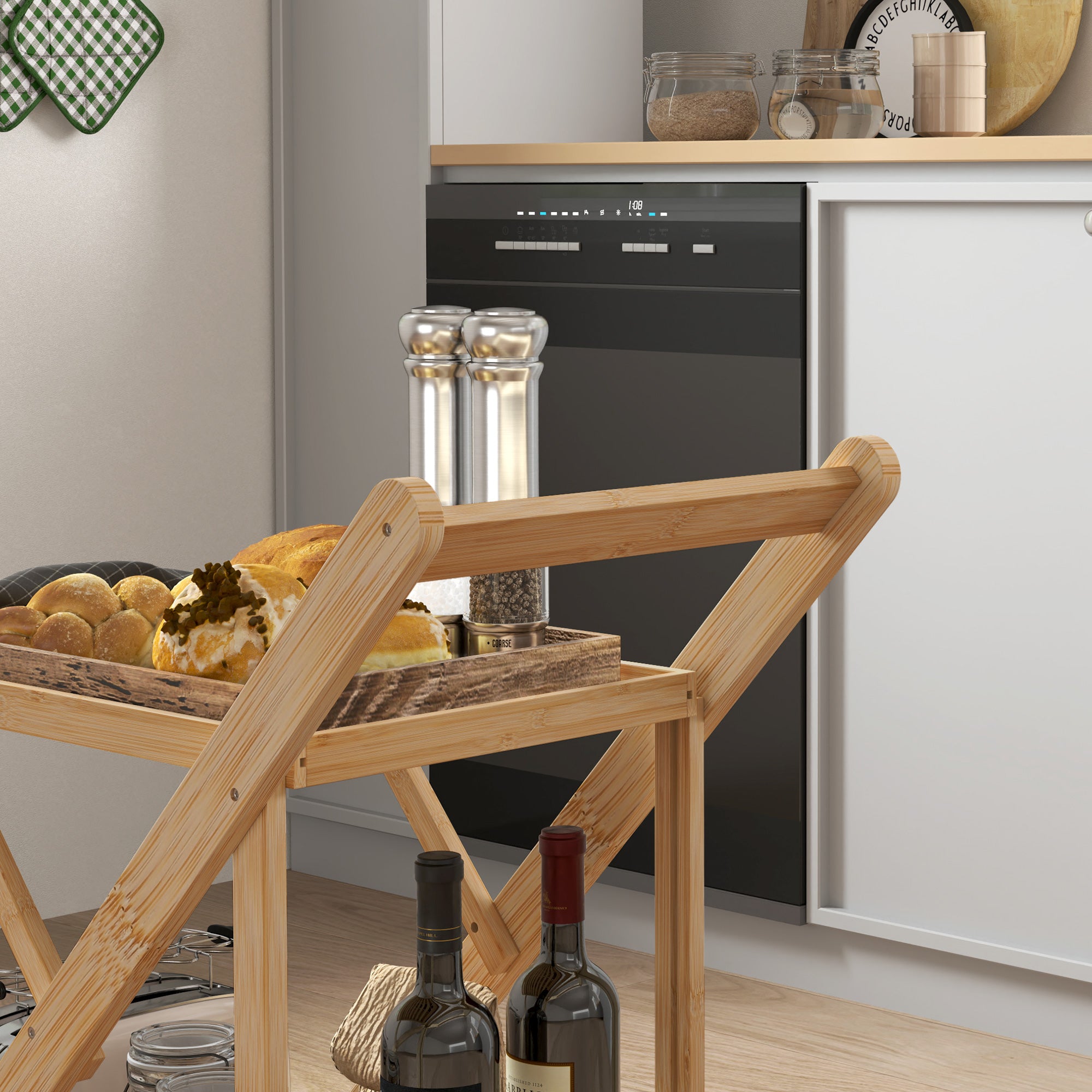 HOMCOM Küchenwagen auf Rädern, Servierwagen mit 3 Weinregalen, 2 Tabletts, für Küche, Esszimmer, Bambusholz, Hellbraun