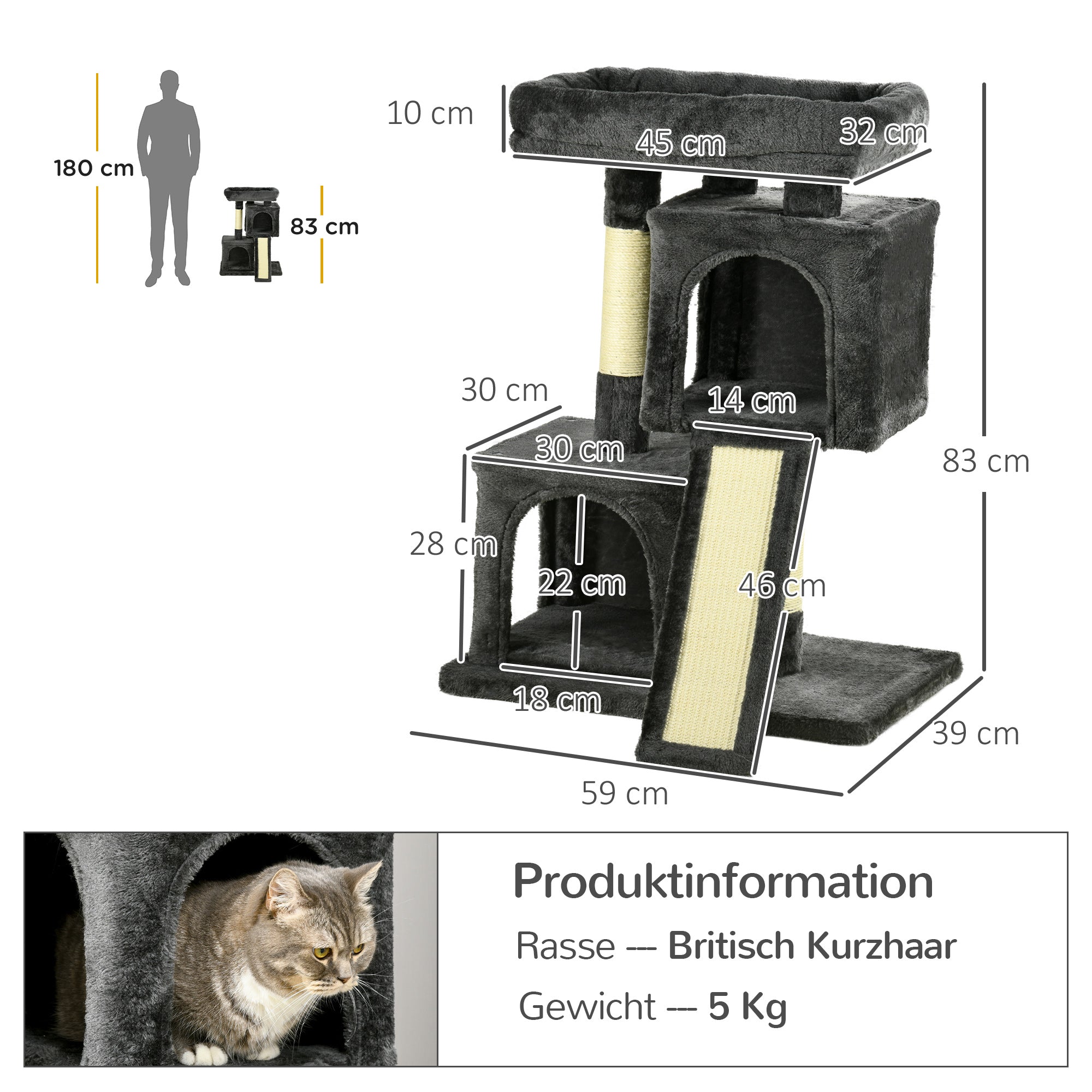 PawHut Kratzbaum 83 cm Kleiner Katzenkratzbaum mit Sisalsäulen, Katzenkratzbaum, Katzen Kletterbaum, Katzenbaum, Katzenmöbel Spielbaum für kleine Katzen, Dunkelgrau
