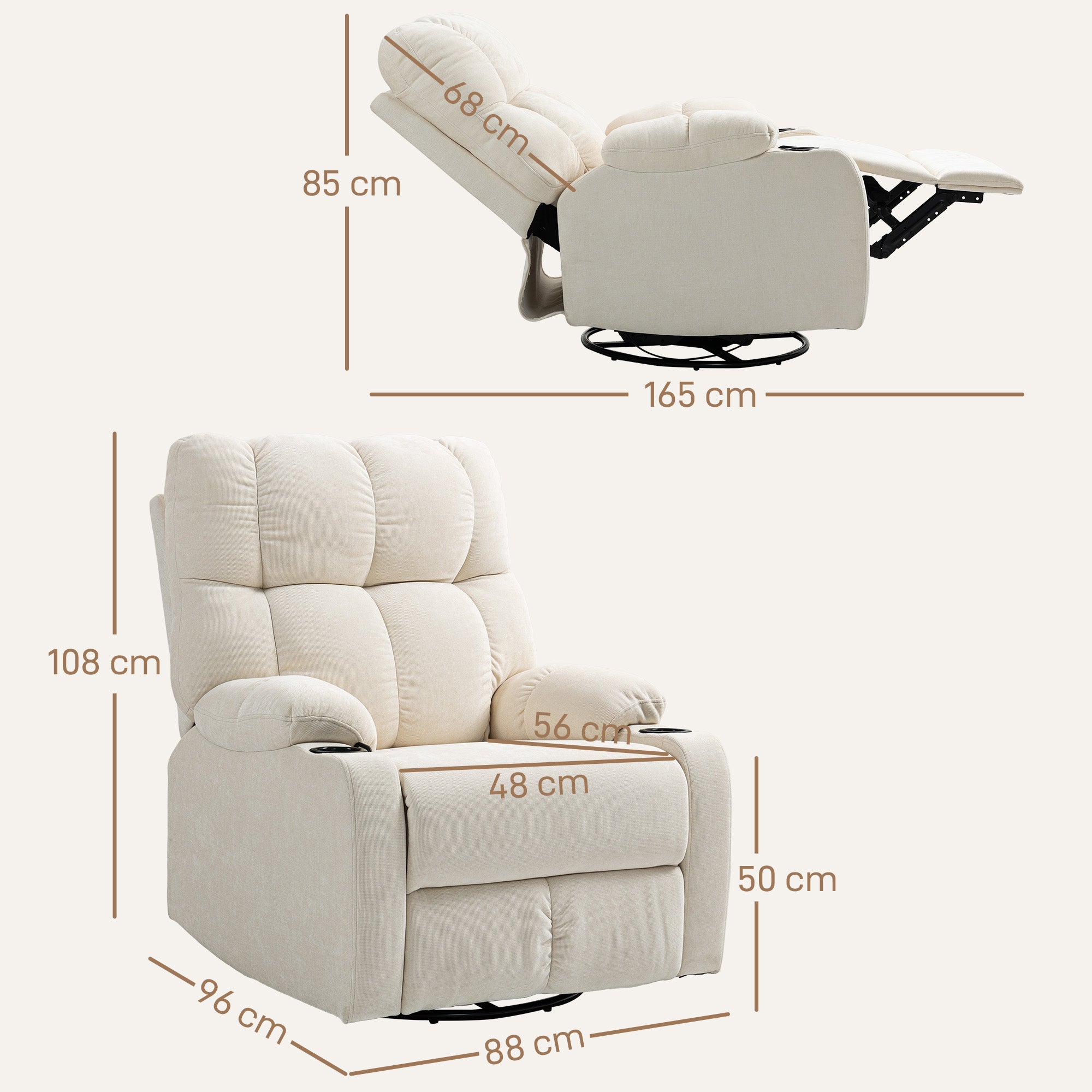 HOMCOM Relaxsessel mit Fußstütze, Liegesessel, drehbar, bis 150 kg, Stahlrahmen, 88x96x108cm, Beige