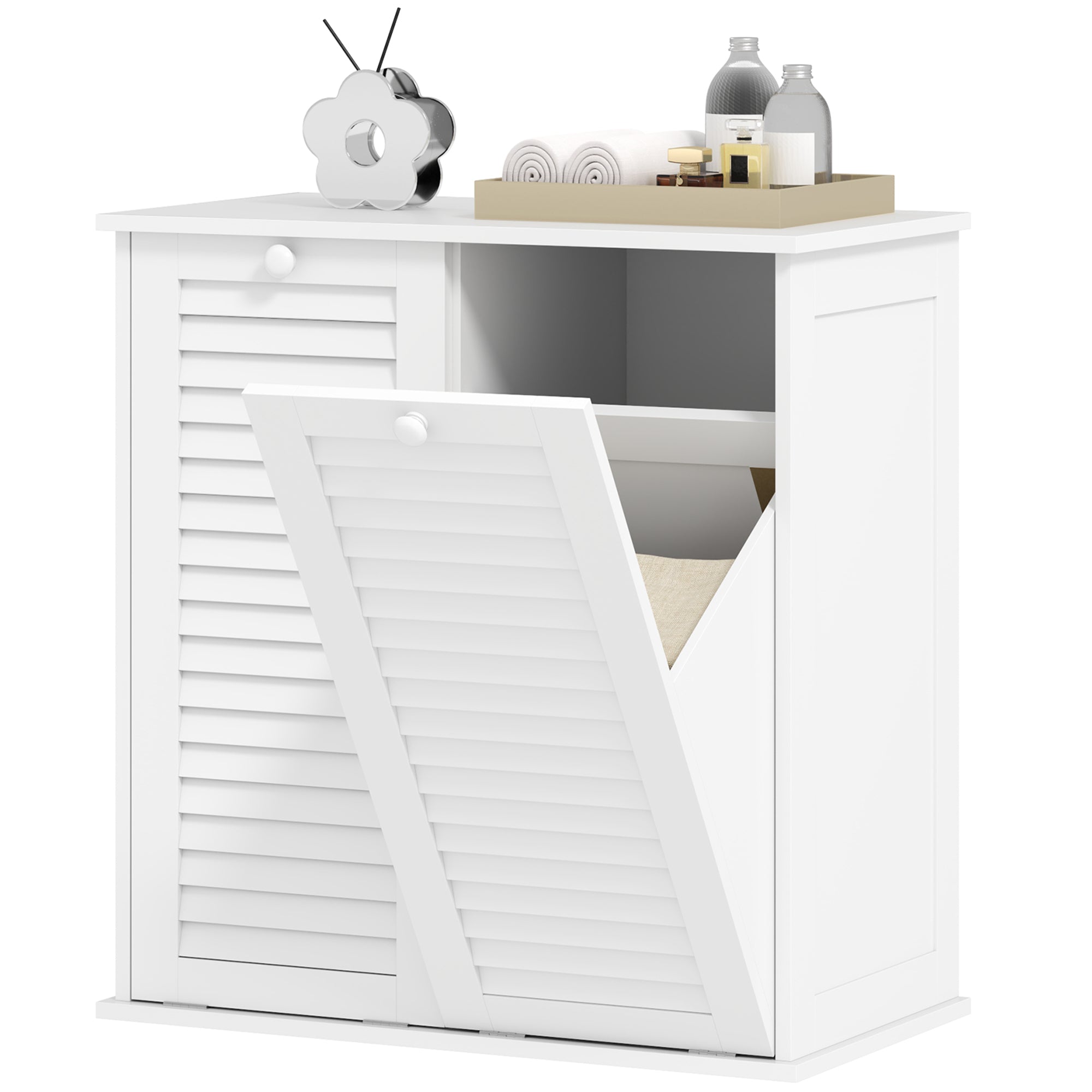 HOMCOM Wäscheschrank, 2 Kippbehälter für Wäsche, 2 Lamellentüren, 70 x 38 x 73 cm, Weiß