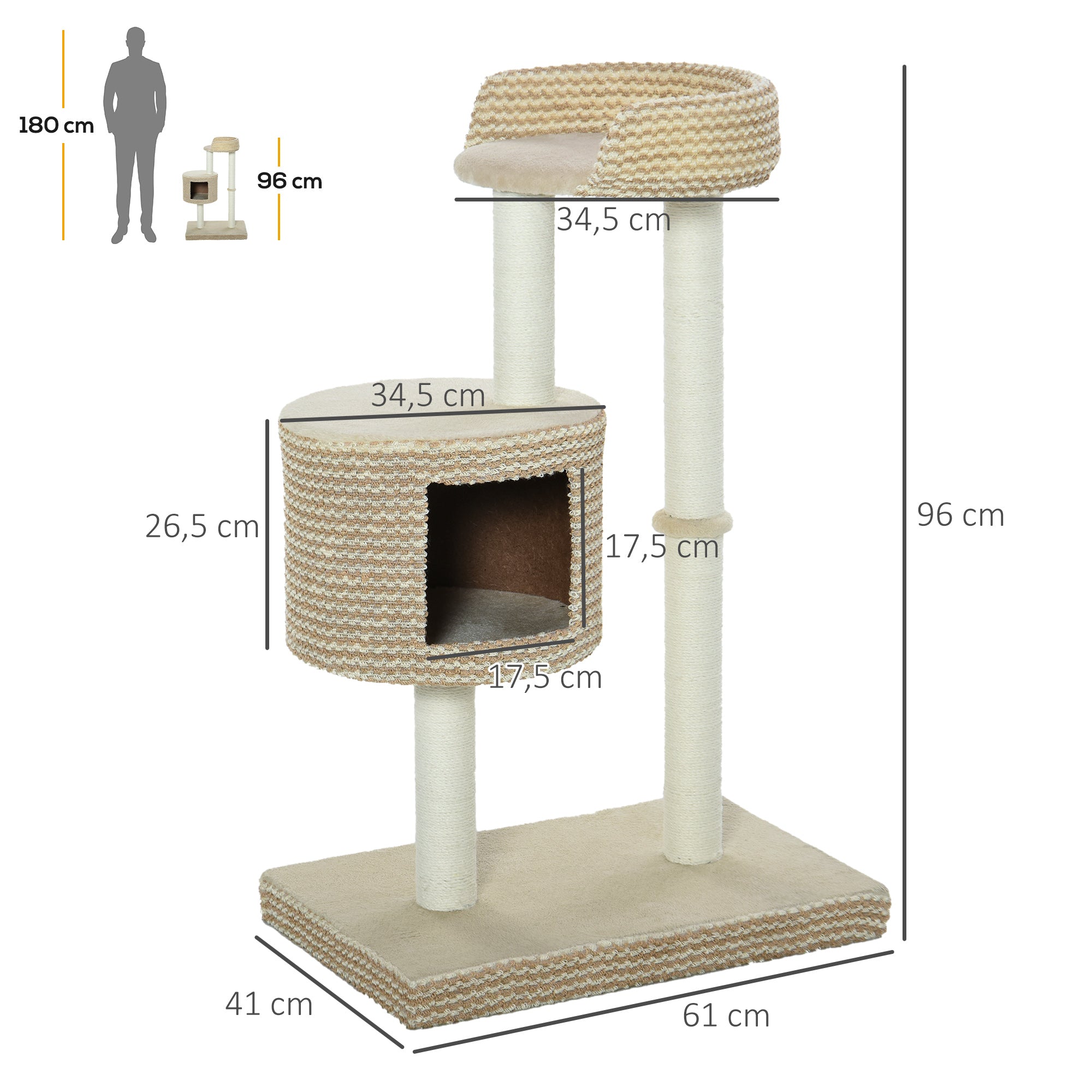 PawHut Katzenbaum Kratzbaum Kletterbaum Katzenkratzbaum, kuschelige Aussichtsplattformen, beige und kaffee, Spanplatte, Plüsch, Jute, 61x41x96 cm