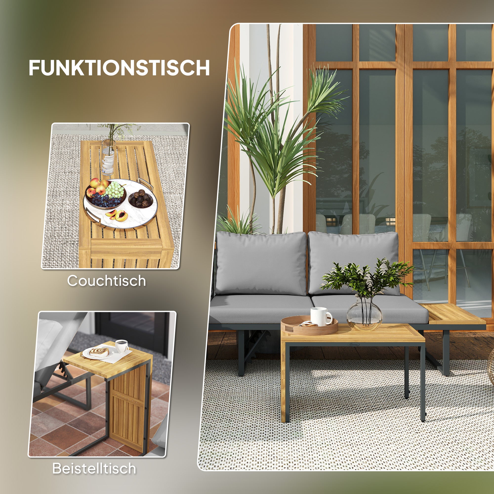 Outsunny Außenmöbel-Set, auf 6 Sitze erweiterbar, L-förmige Outdoor-Sitzecke mit Tischen, Stahlrahmen, verstellbare Lehnen, Grau