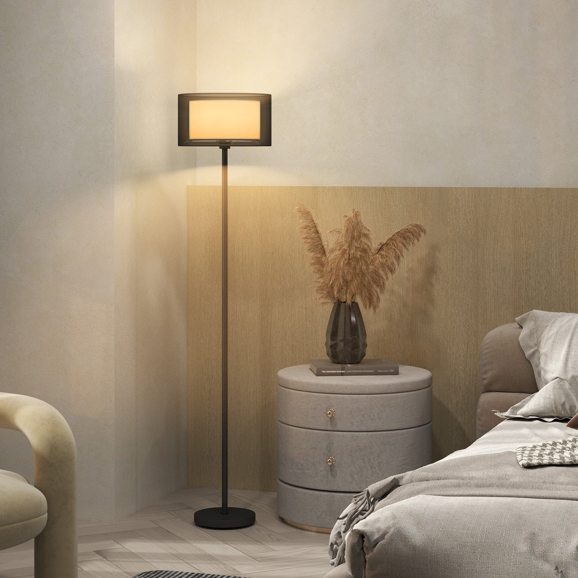 HOMCOM Stehlampe, zweifarbiger Lampenschirm, Fußschalter, Metall, Schwarz
