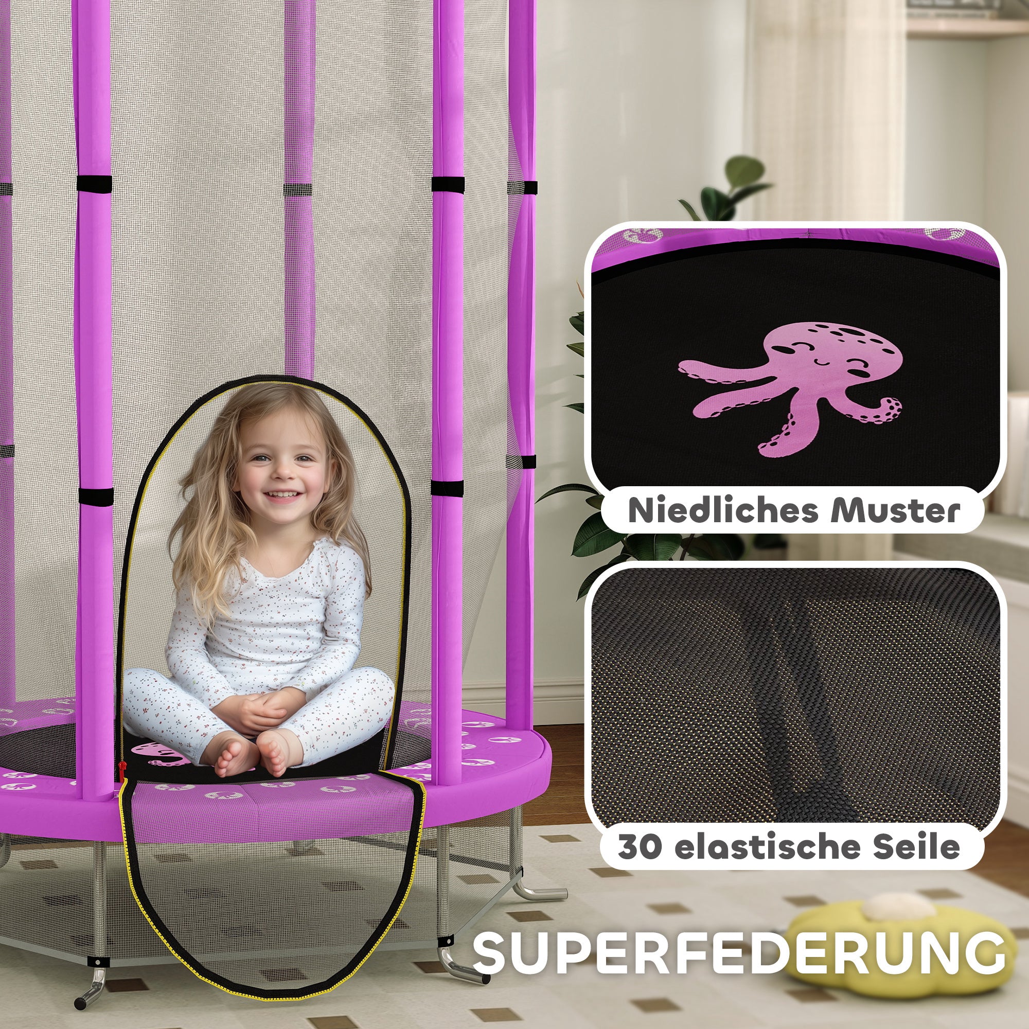 AIYAPLAY Kindertrampolin mit Sicherheitsnetz, für den Innen- und Außenbereich, 3-6 Jahre, Violett