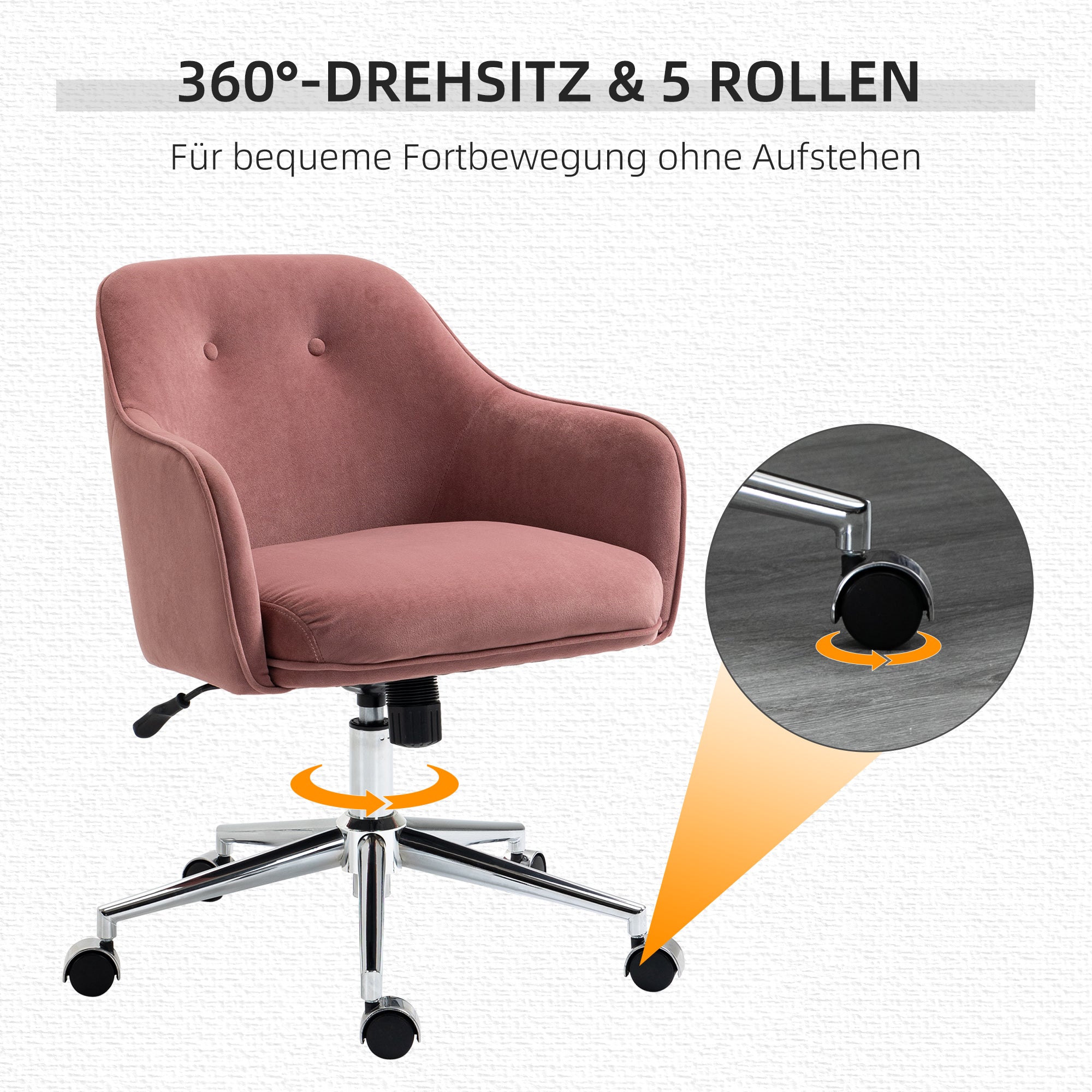 Vinsetto Schreibtischstuhl mit Knopfheftung, höhenverstellbar, Wippfunktion, Samtoptik, 61 cm x 59 cm x 90,5 cm, Altrosa