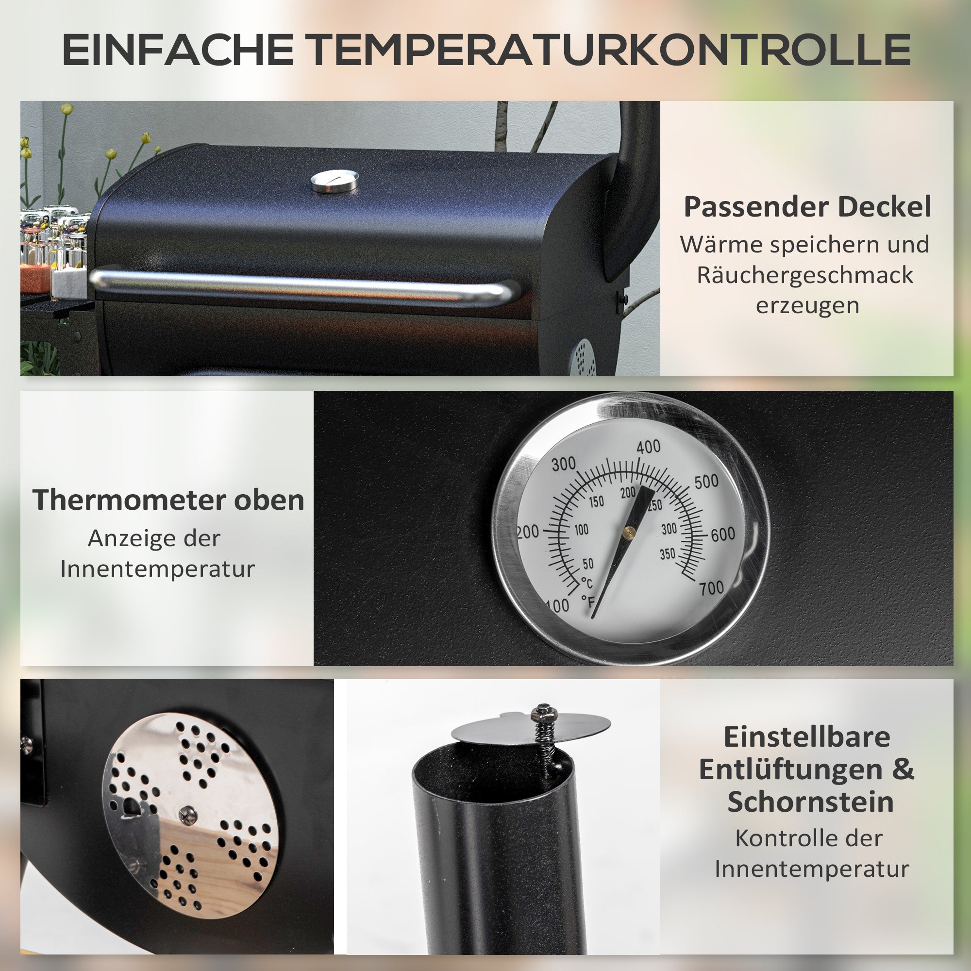 Outsunny Holzkohlegrill Smoker BBQ-Grill, 1 Ablage,inkl. Thermometer, 83 x 46.5 x 115 cm, Schwarz