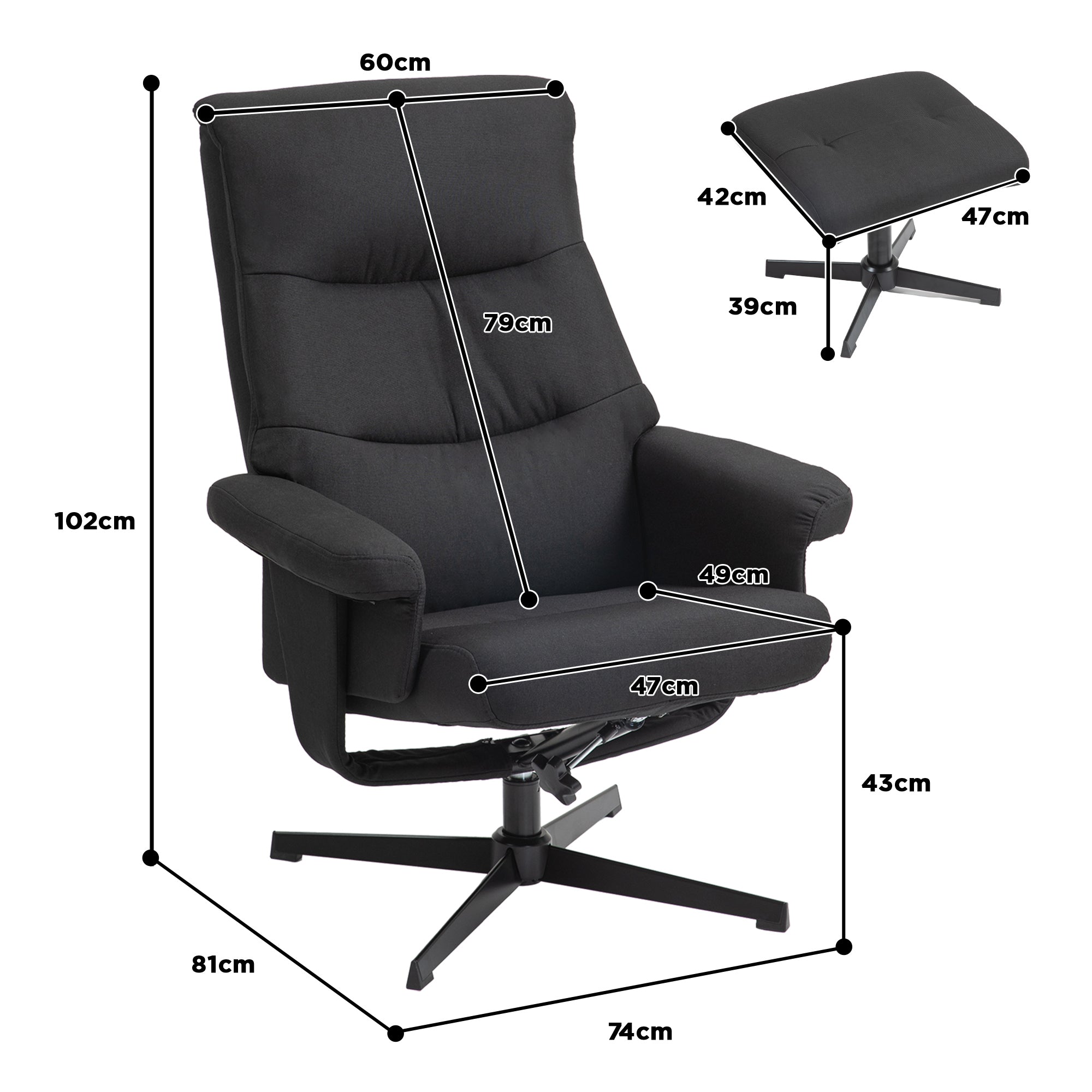 HOMCOM Liegesessel mit Hocker, drehbar, Wippfunktion, Samtoptik, bis 150 kg, Schwarz